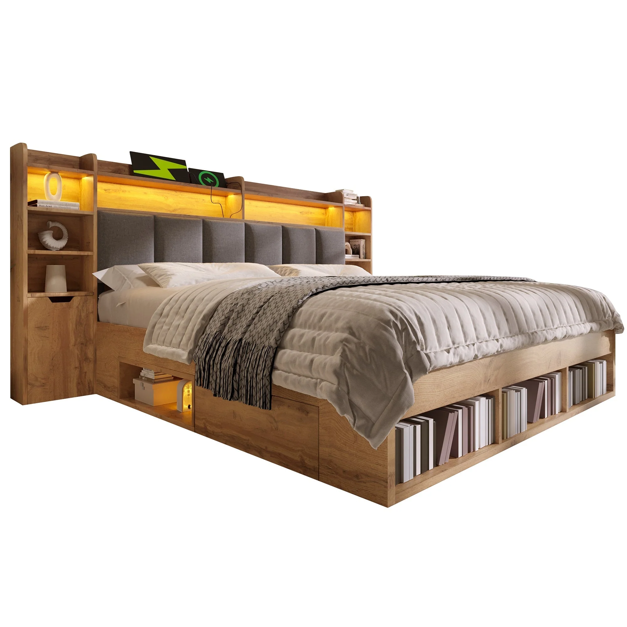 Double Bed System Bed with LED Headboard, Bedside Tables, USB Ports and Storage, 180x200cm, Oak Finish - Image 4