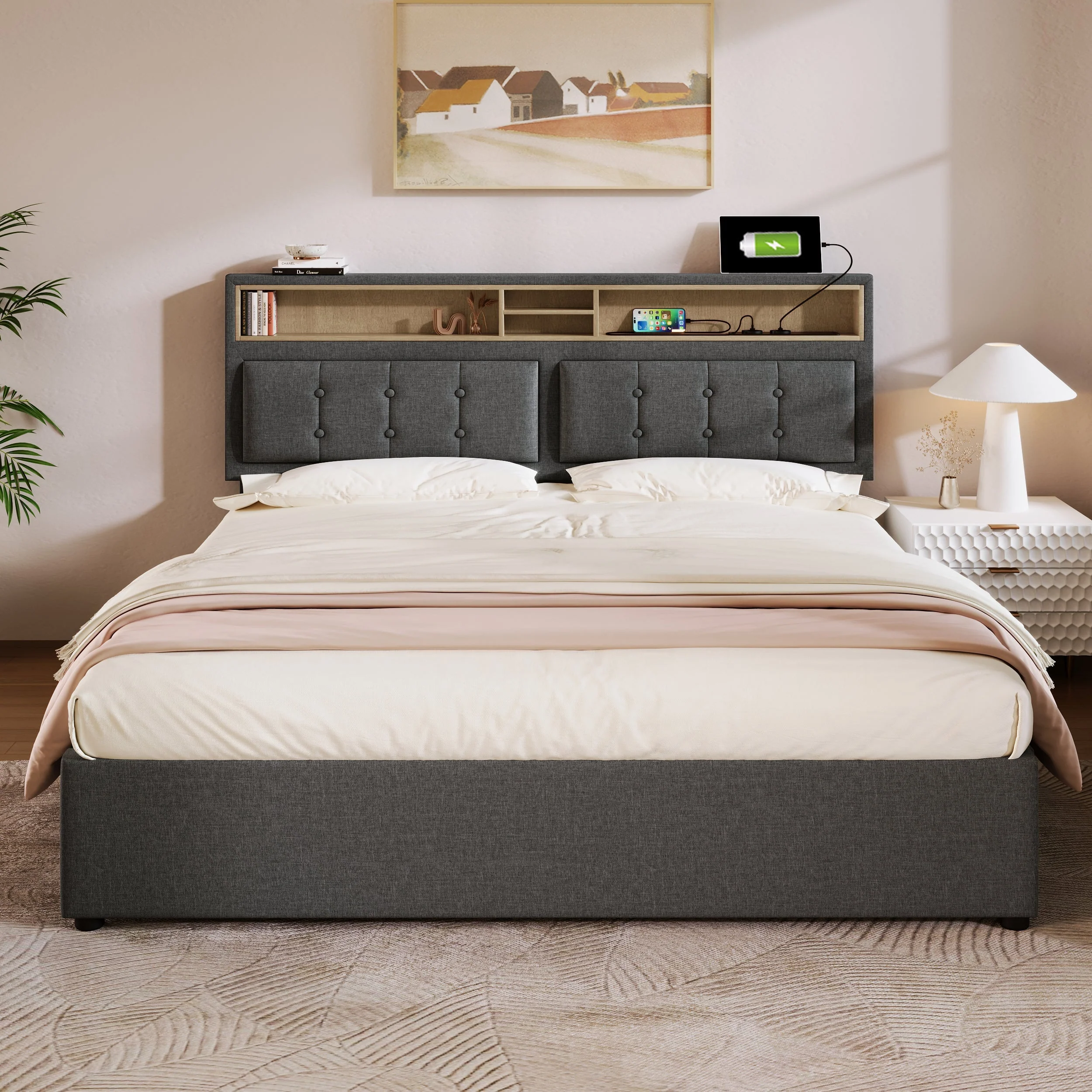 Double Bed, Upholstered with 4 Drawers & USB-C, 140x200cm, Wood Frame - Image 3