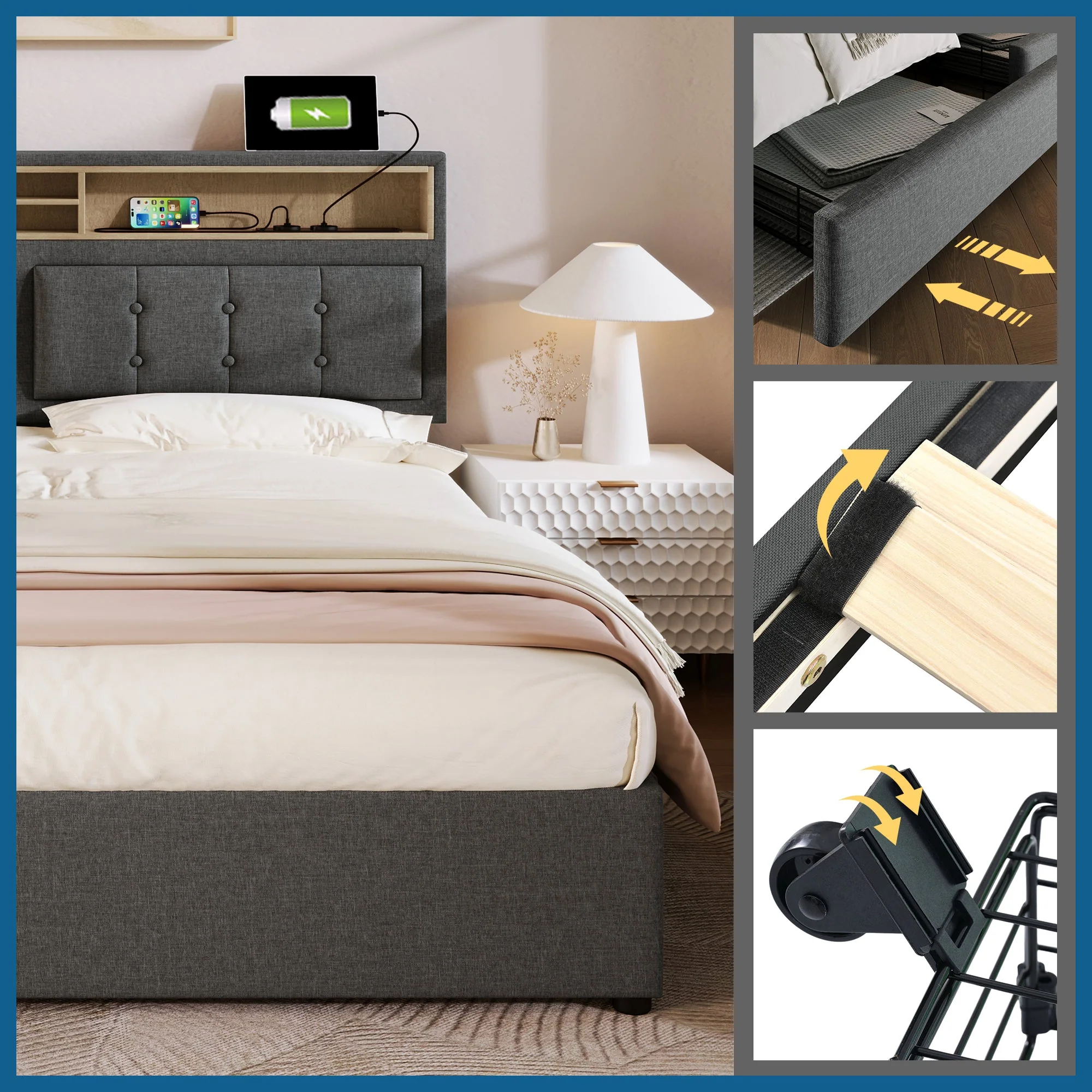 Double Bed, Upholstered with 4 Drawers & USB-C, 140x200cm, Wood Frame - Image 8