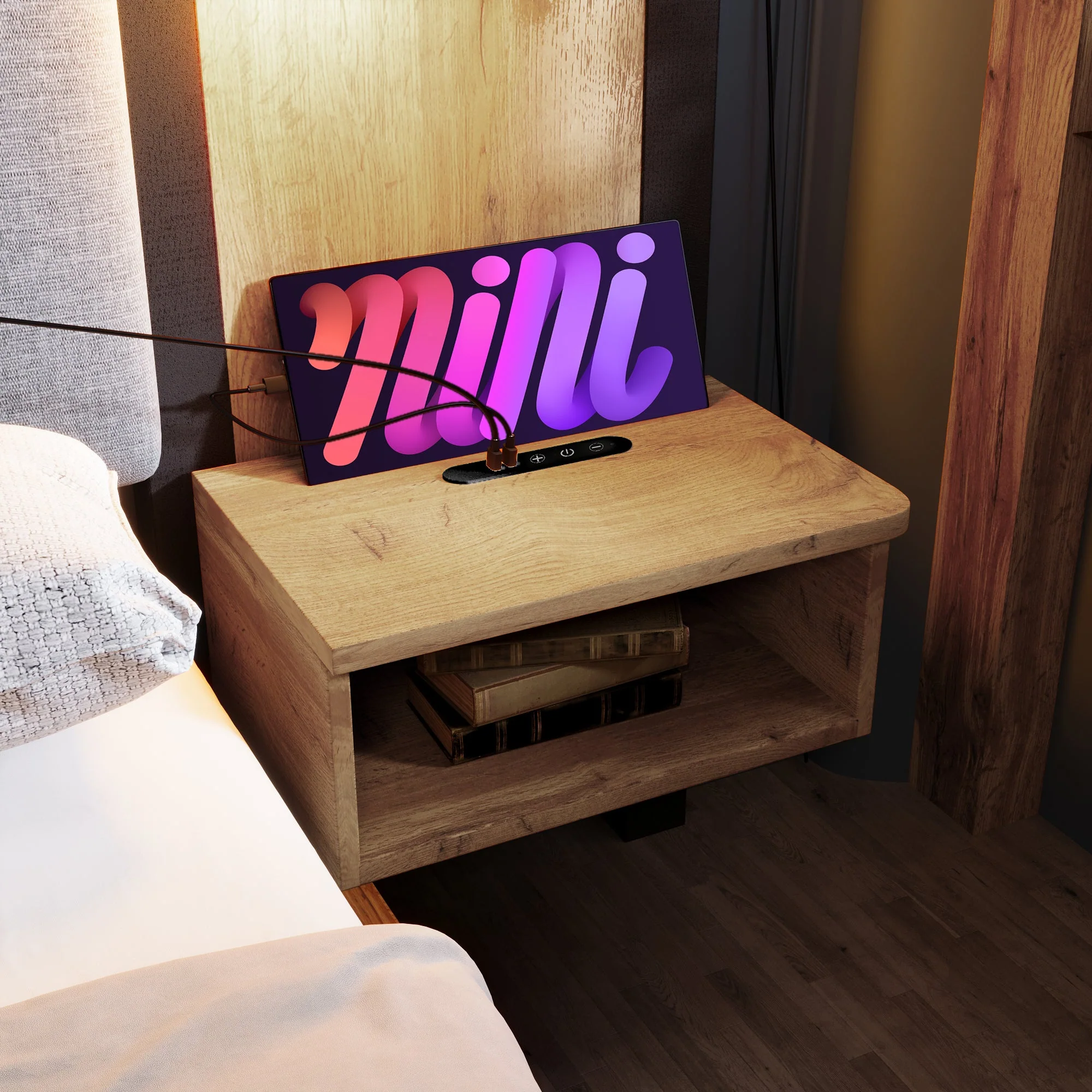 Double Bed Upholstered with Reading Lamp, USB-C, Storage Bench, 180x200cm, Oak Wood and Linen - Image 8