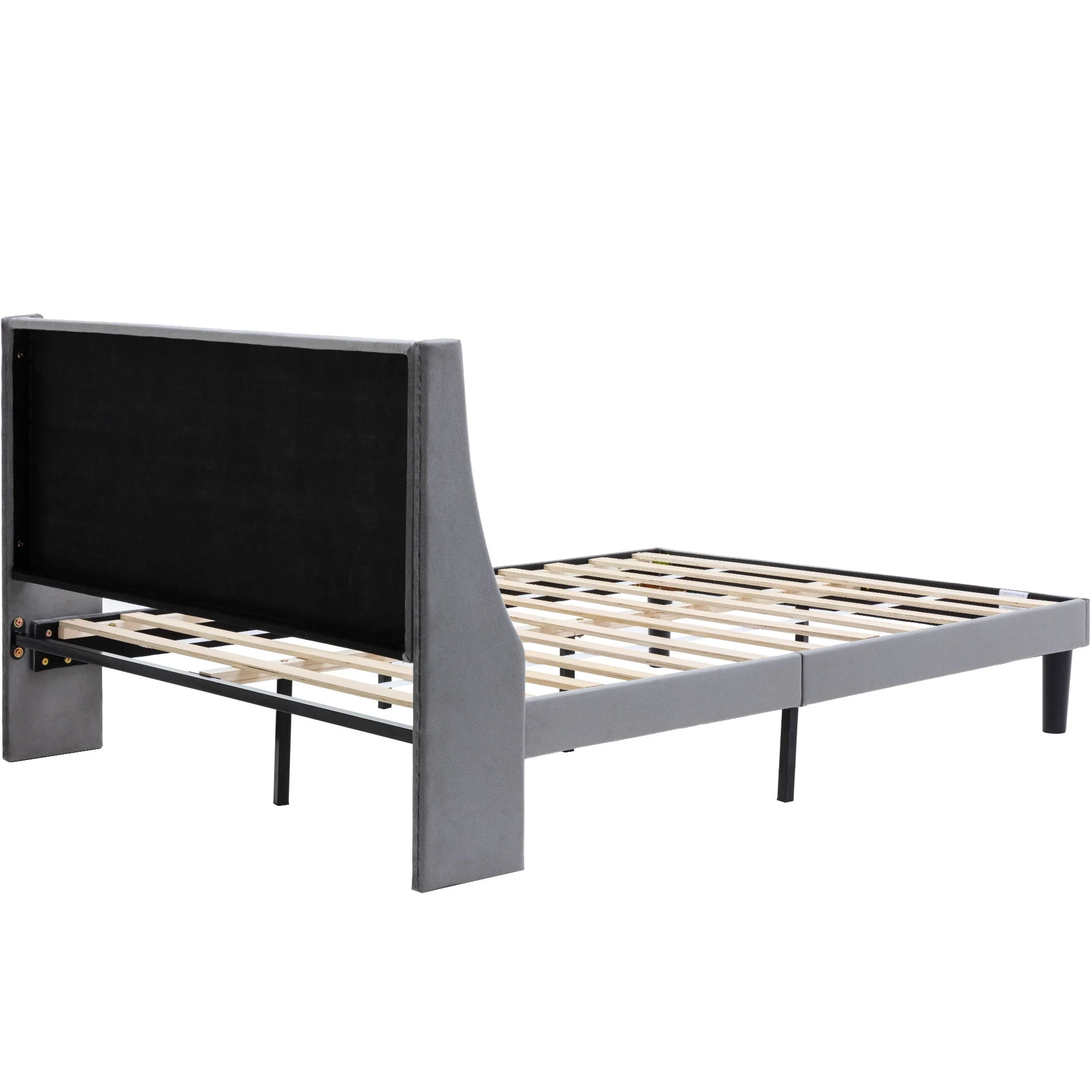 Double Bed Velvet Grey 4FT6 Upholstered Bed with Winged Headboard, Wood Slat Support - Image 5