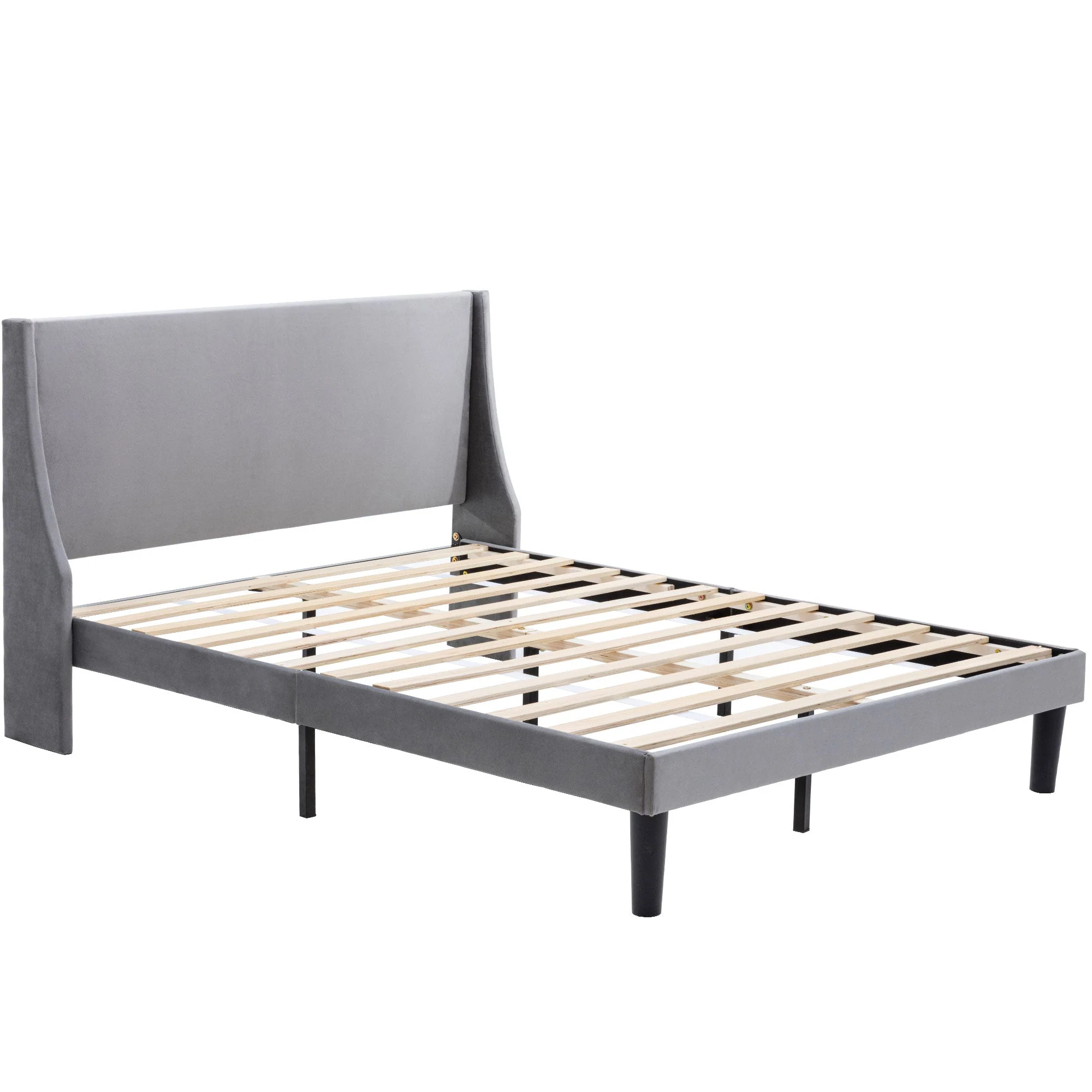 Double Bed Velvet Grey 4FT6 Upholstered Bed with Winged Headboard, Wood Slat Support - Image 6