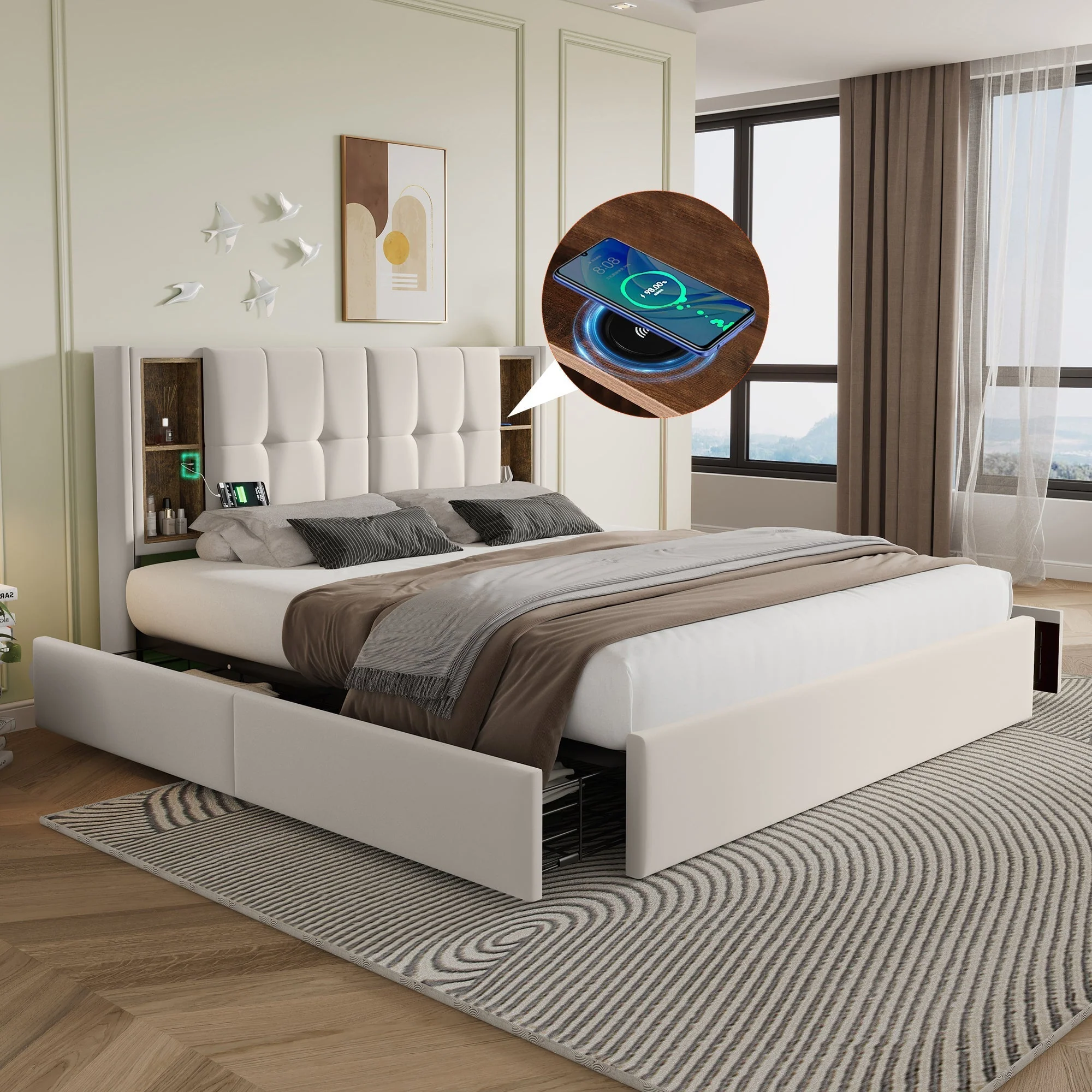 Double bed wireless charging USB C & 4 drawers, upholstered 160x200cm - beige velvet - Image 7