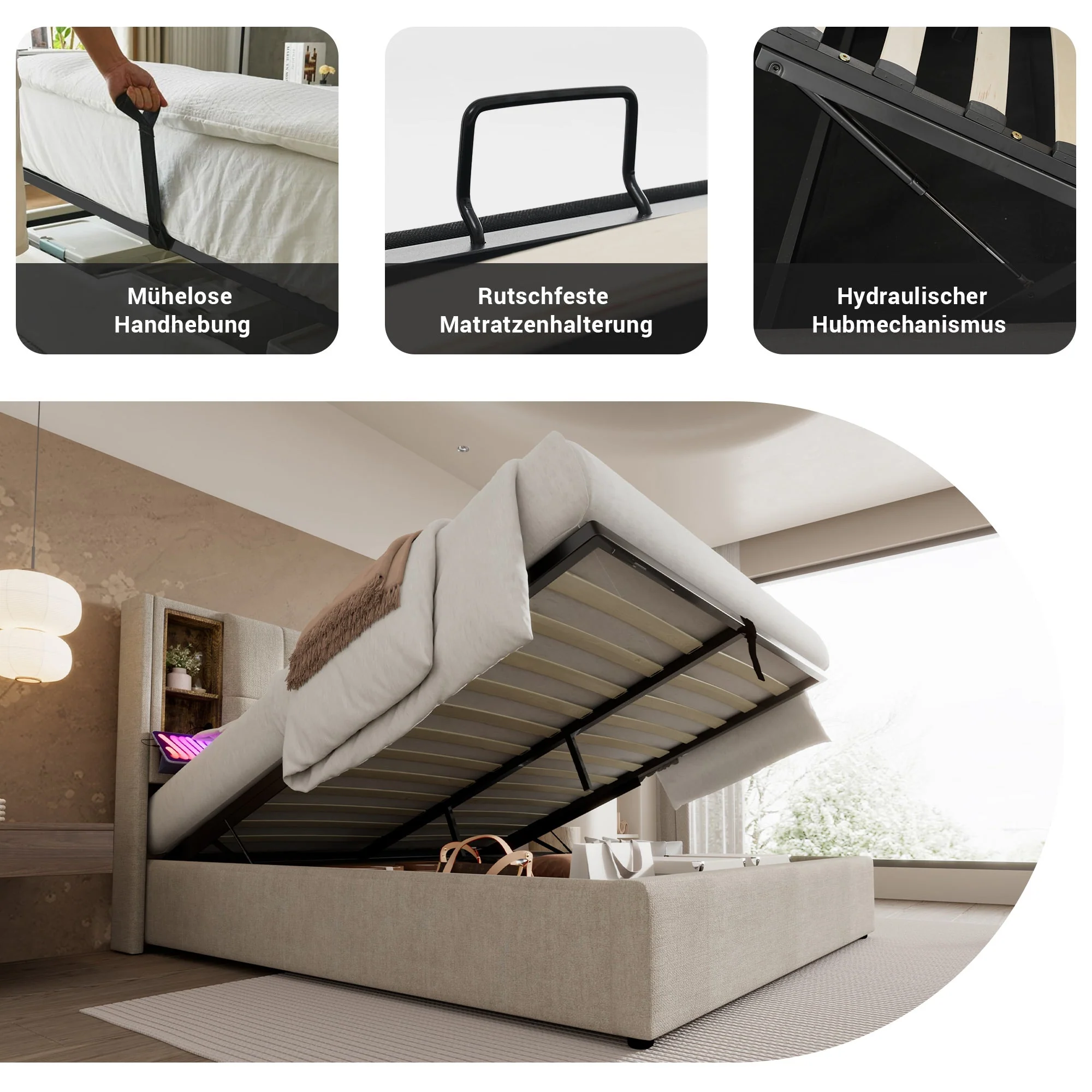 Double Bed, Wireless Charging USB-C, Storage, Wooden Slatted Frame, Natural Linen - Image 5