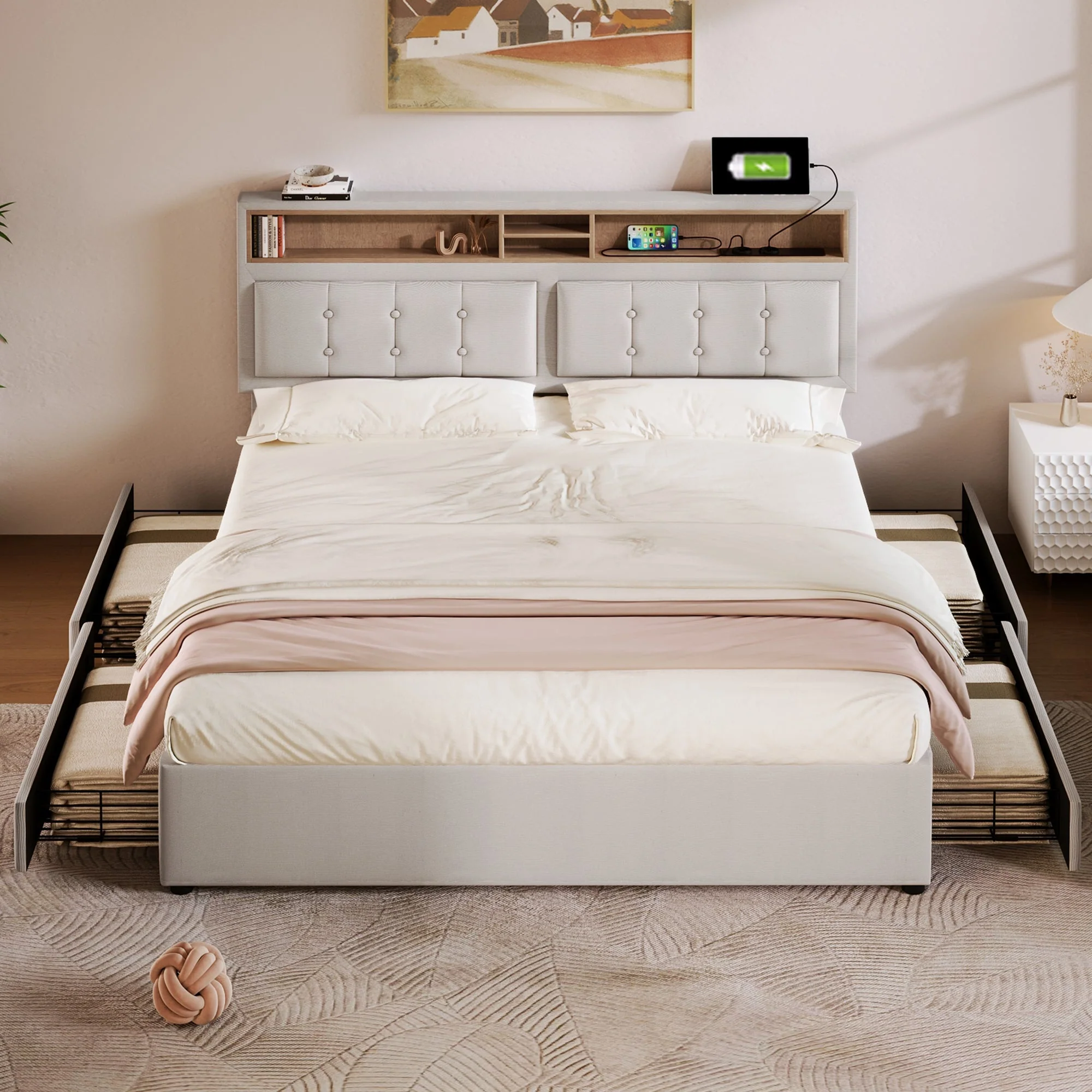 Double Bed with 4 Drawers, USB C, Adjustable Headboard, 140x200cm Wooden Slatted Frame