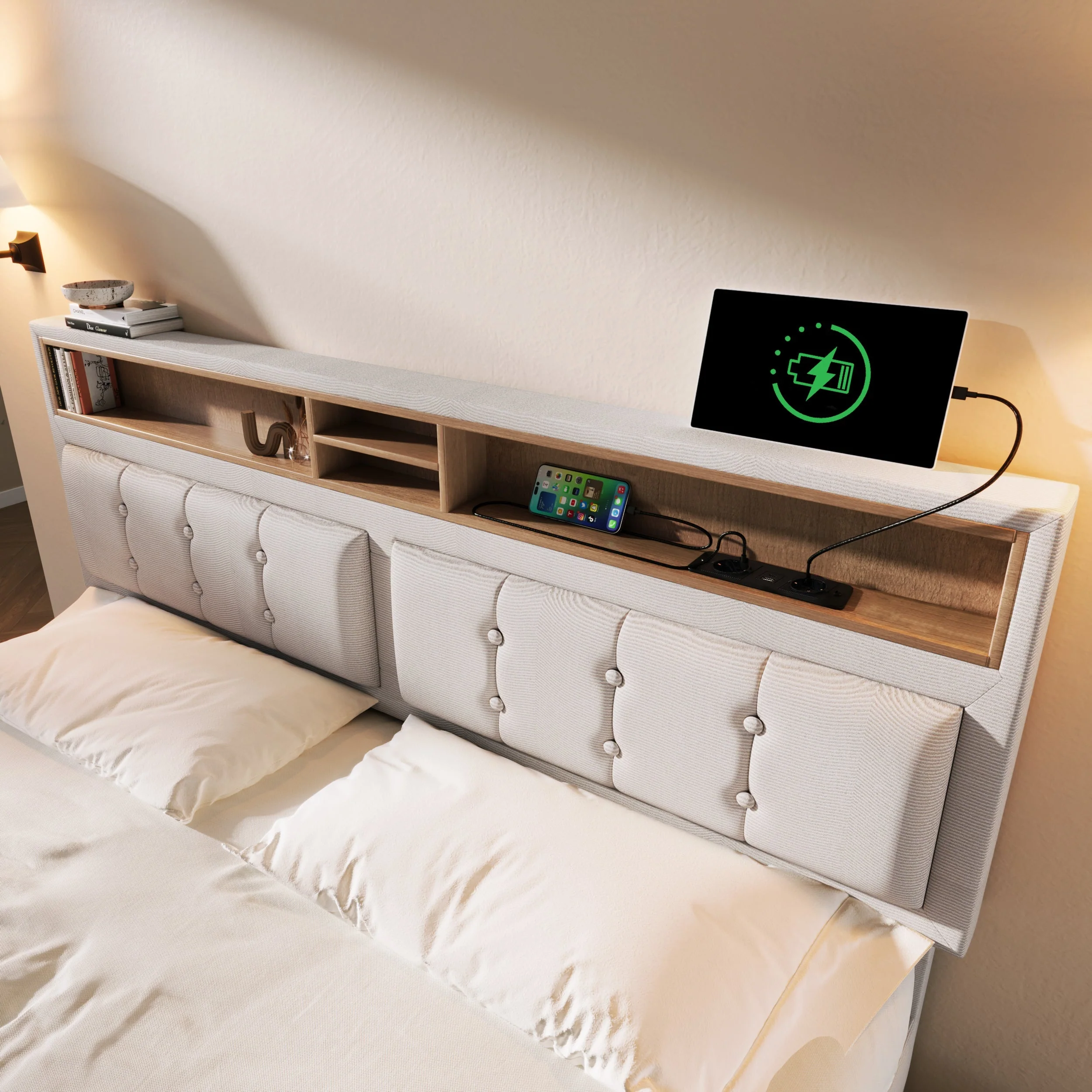 Double Bed with 4 Drawers, USB C, Adjustable Headboard, 140x200cm Wooden Slatted Frame - Image 2
