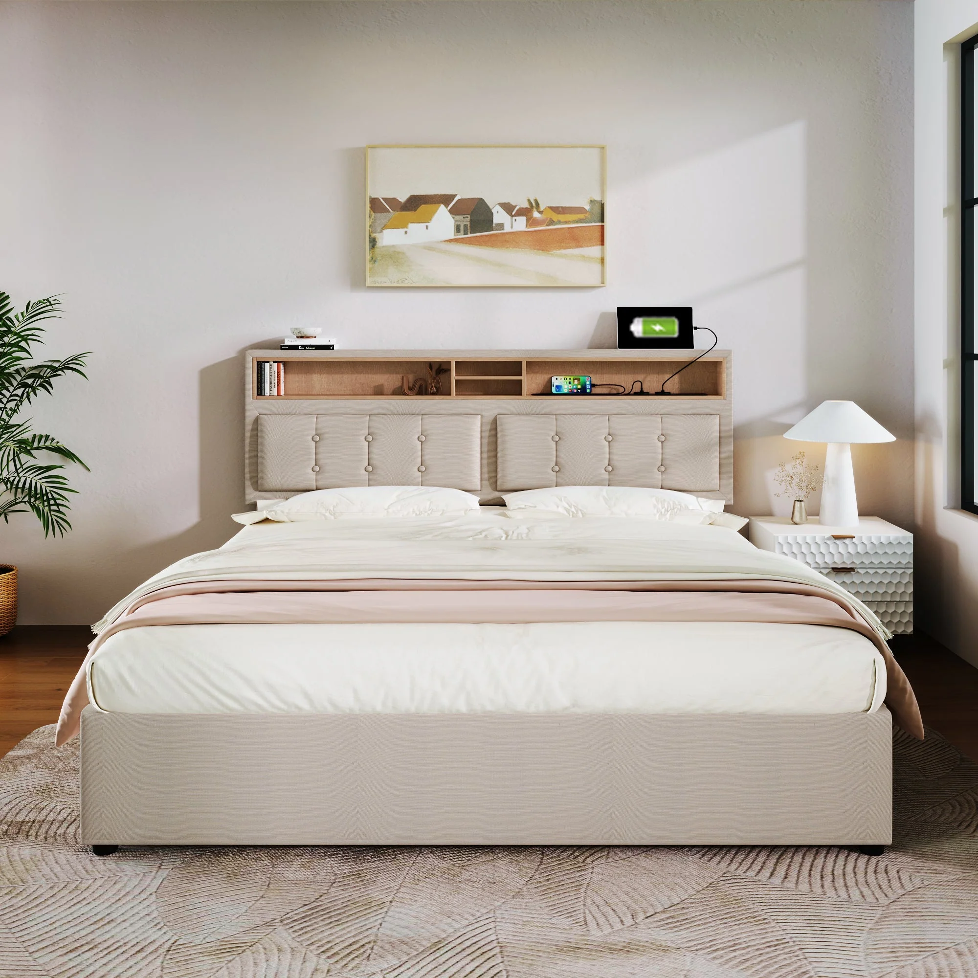 Double Bed with 4 Drawers, USB C, Adjustable Headboard, 140x200cm Wooden Slatted Frame - Image 4