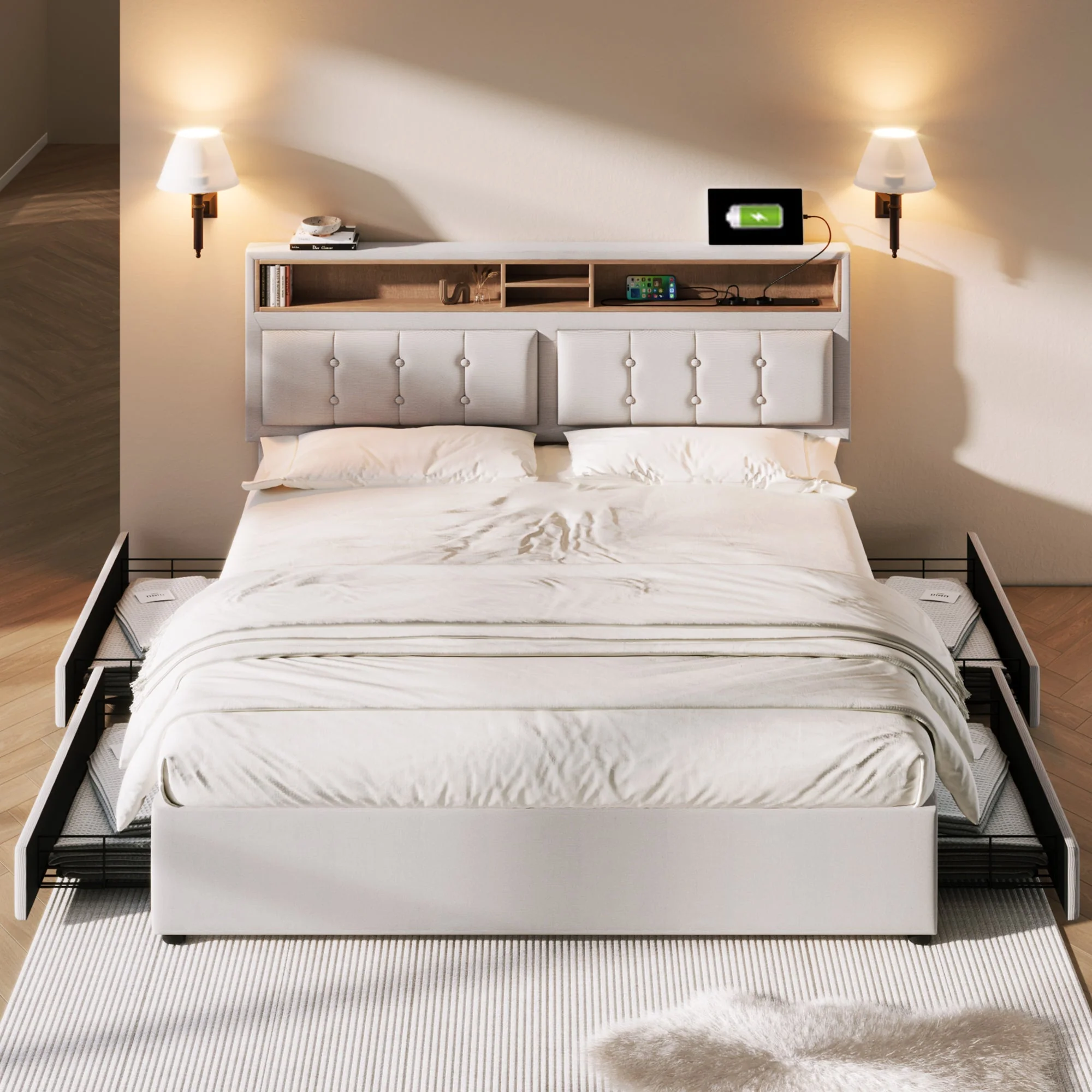 Double Bed with 4 Drawers, USB C, Adjustable Headboard, 140x200cm Wooden Slatted Frame - Image 8