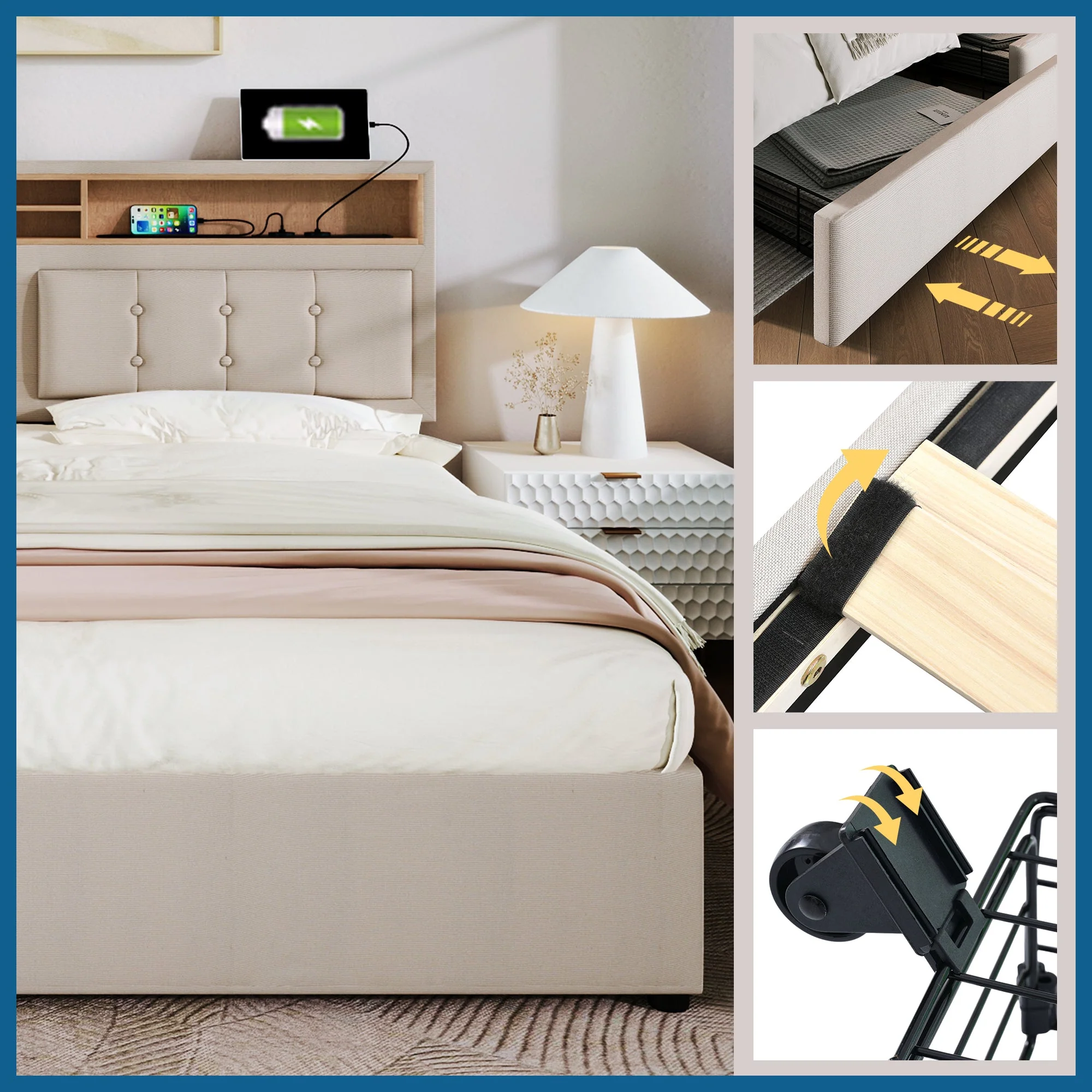 Double Bed with 4 Drawers & USB C Socket, 160x200cm, Adjustable Headboard, Wooden Slatted Frame, Upholstered - Image 4