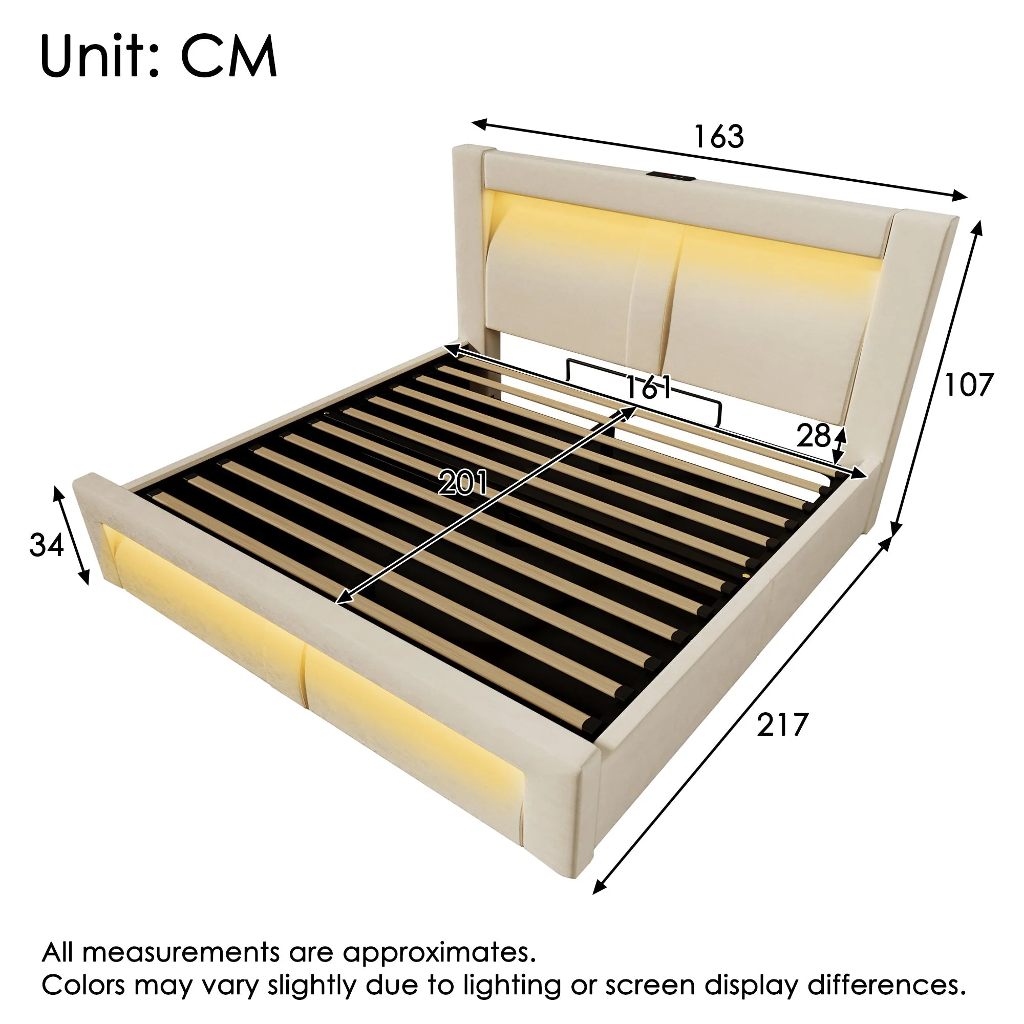 Double Bed with Hydraulic Storage, LED and USB Charging Ports, Beige Velvet - Image 2