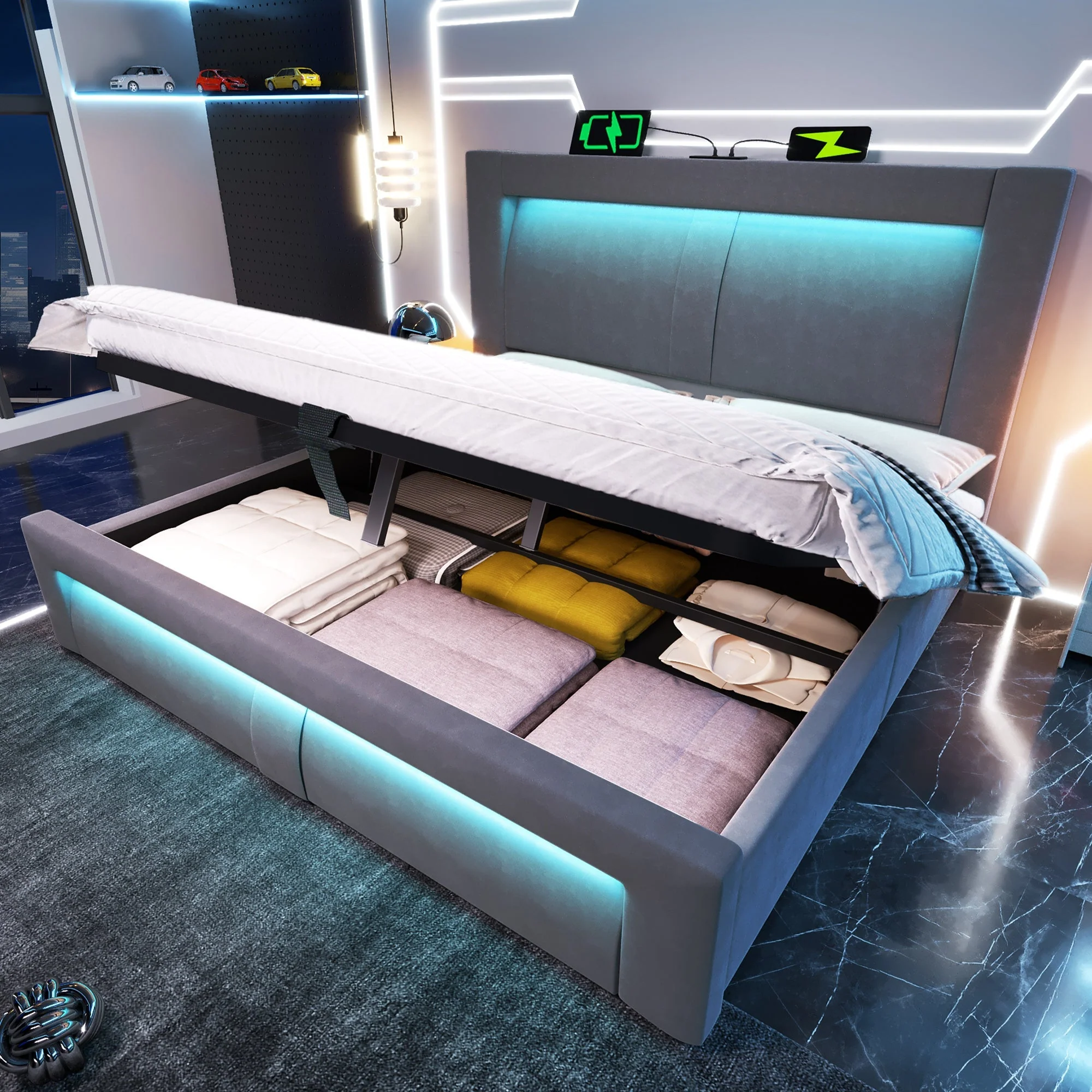 Double Bed with Hydraulic Storage, LED Lighting and USB Charging Ports, Gray Velvet - Image 10