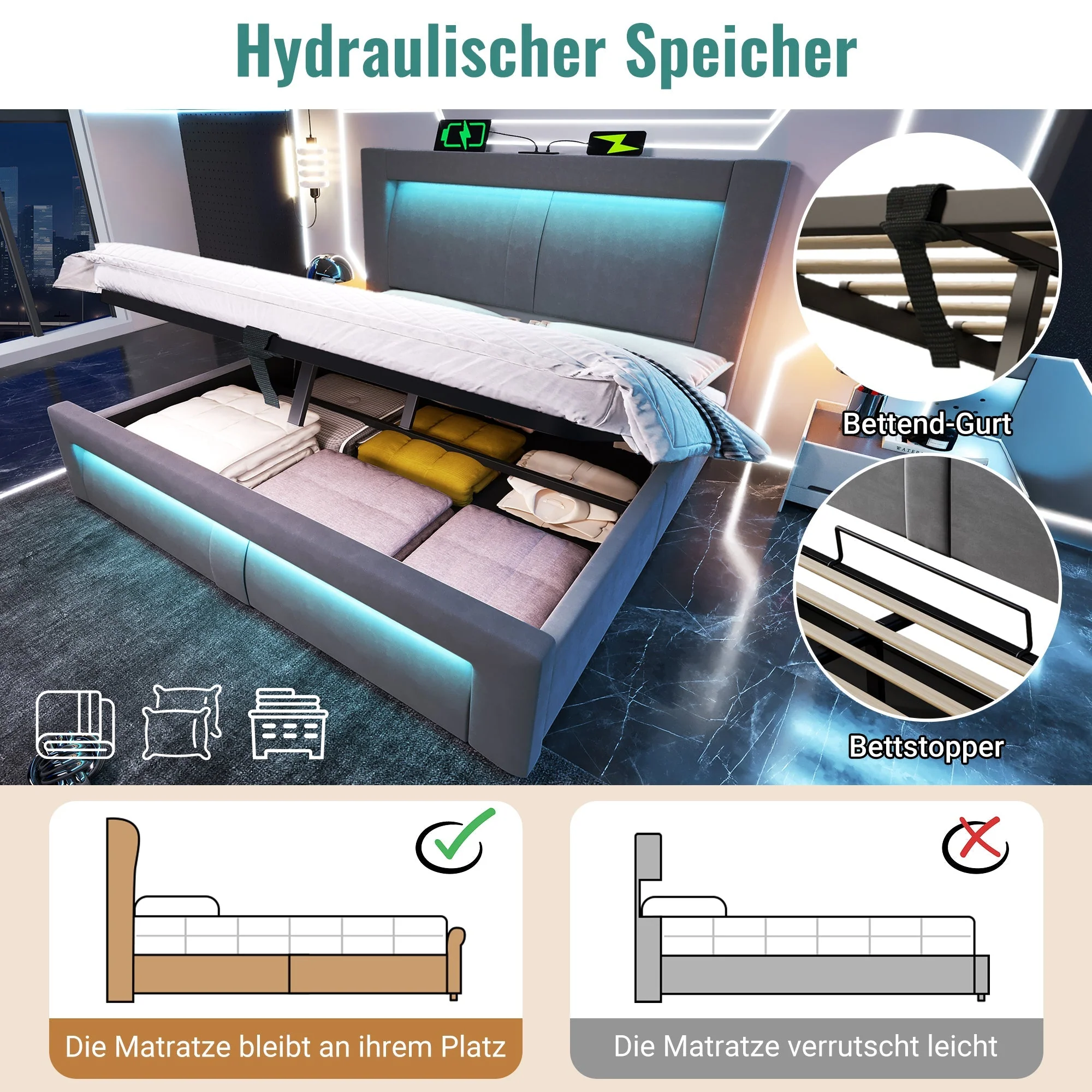 Double Bed with Hydraulic Storage, LED Lighting and USB Charging Ports, Gray Velvet - Image 6
