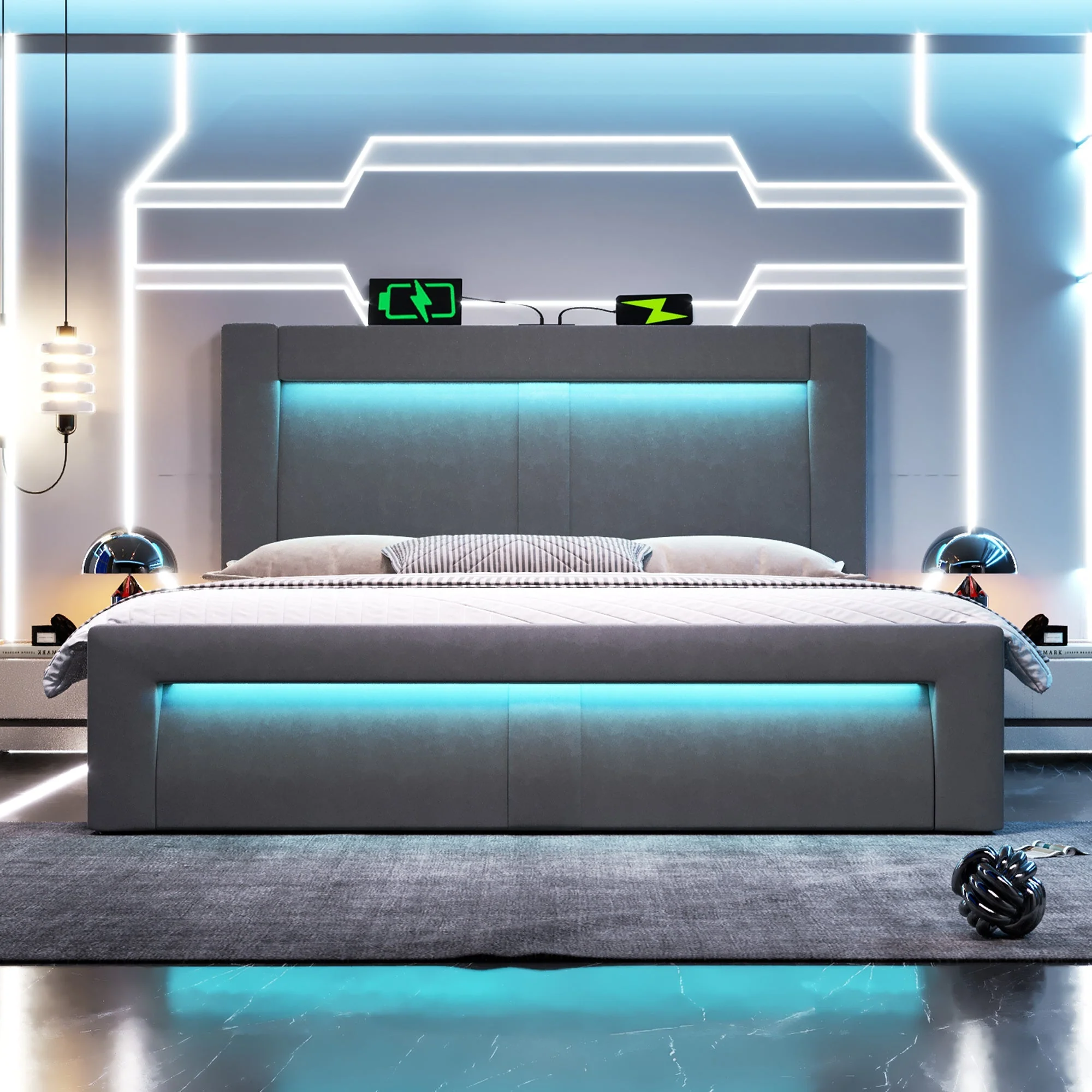 Double Bed with Hydraulic Storage, LED Lighting and USB Charging Ports, Gray Velvet - Image 8