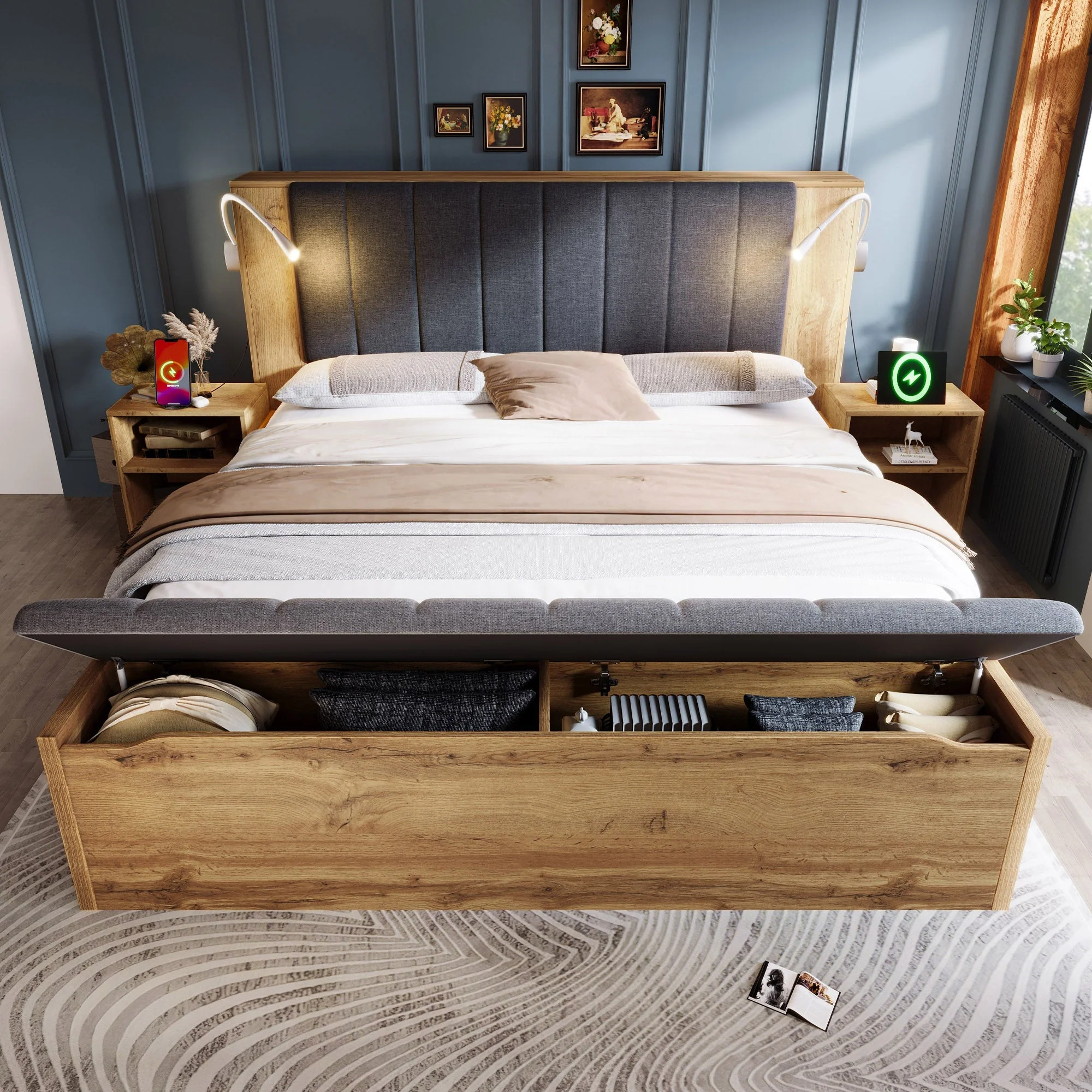 Double Bed with Mattress, Storage, Bedside Tables, Bench and USB Lamps, Oak Wood and Linen - Image 10