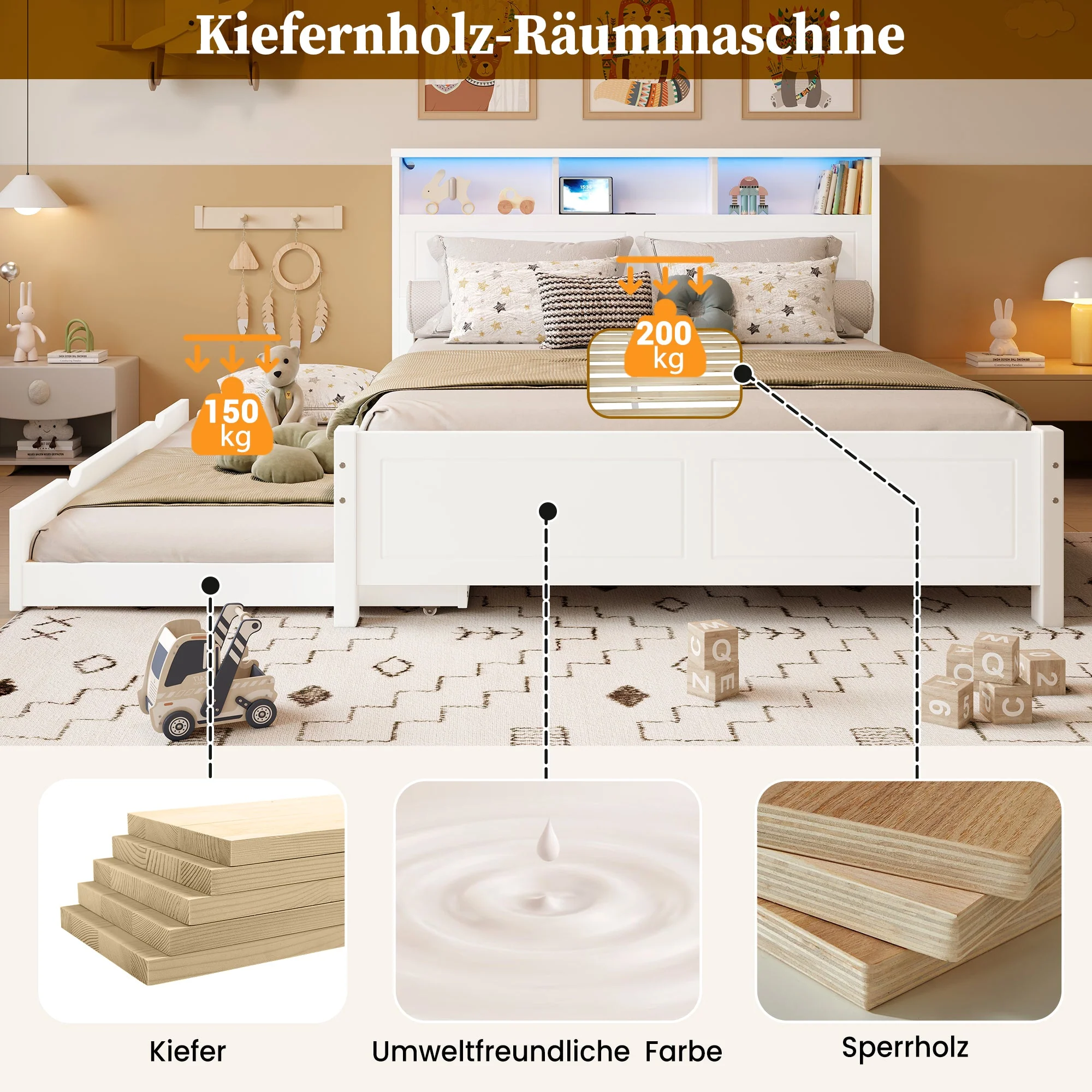 Double Bed with Pull-out LED/USB Storage, Pine+MDF White - Image 6