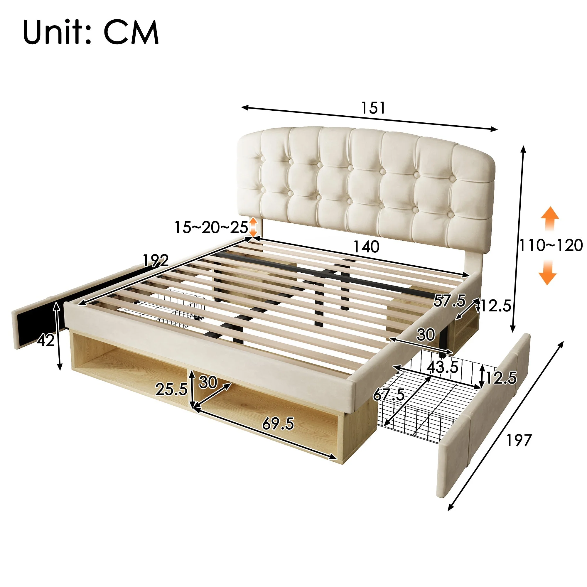 Double Bed with Storage Drawers and Adjustable Headboard, 140x190cm, Beige Velvet - Image 2