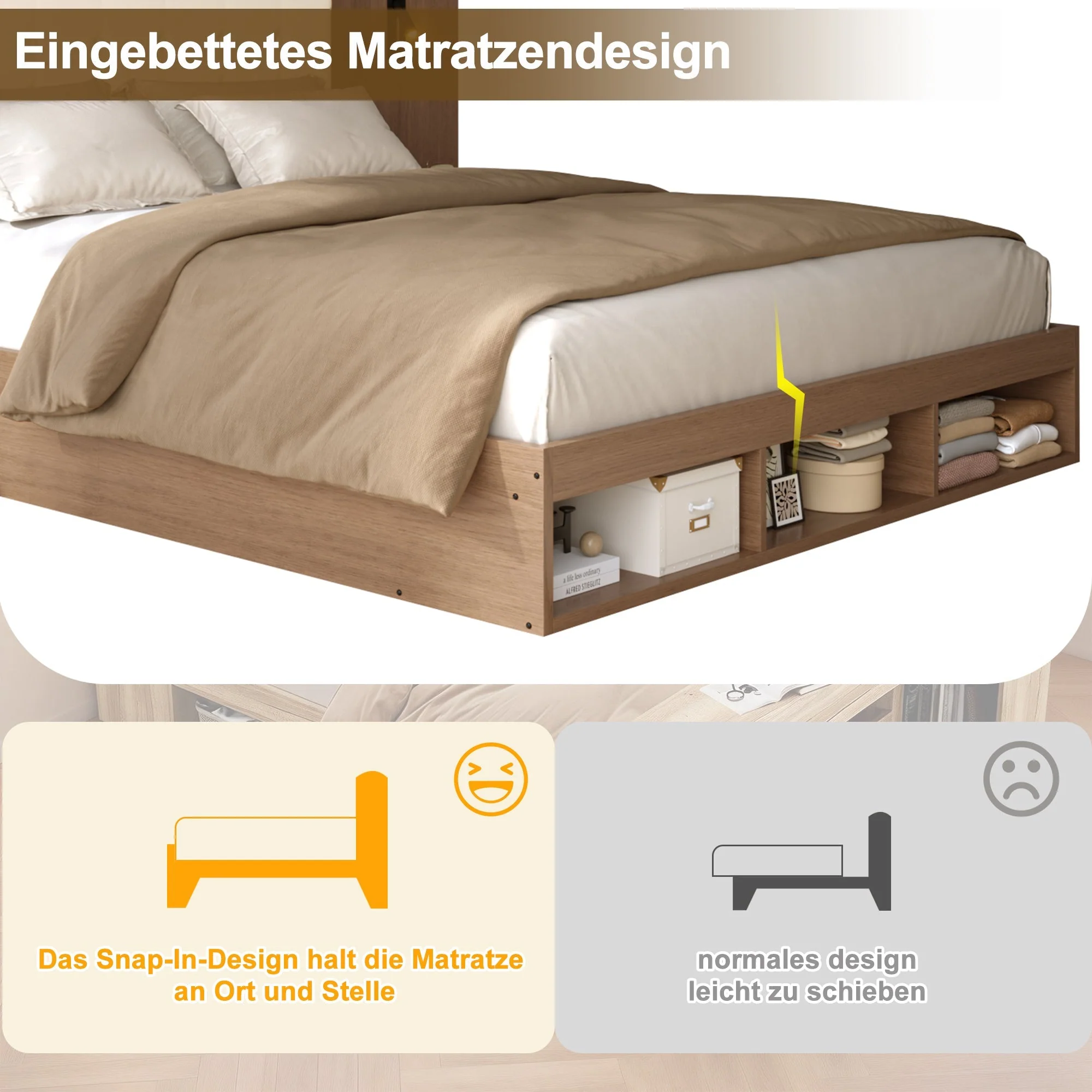 Double Bed with USB Charging Station, Reading Lamp and 2 Bedside Tables, 180x200cm, Walnut Wood Color - Image 4