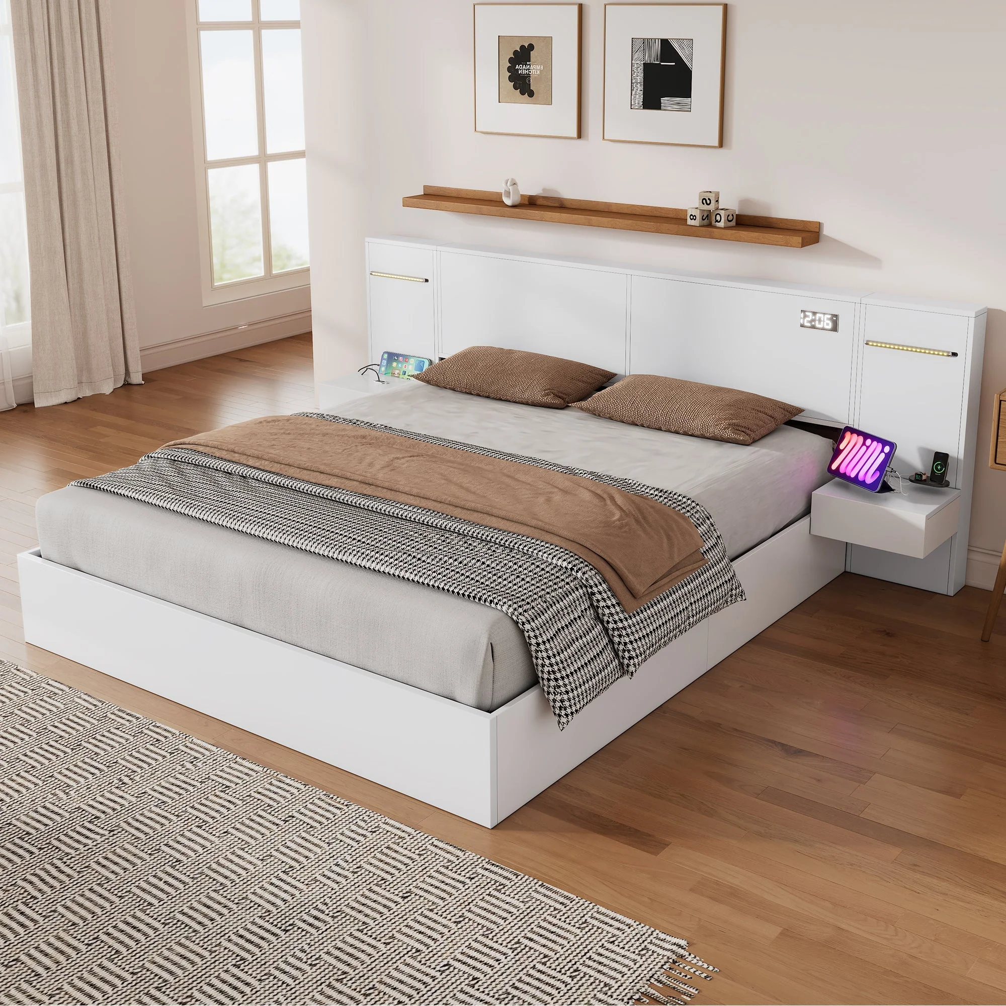 Double Bed with USB Port, Bluetooth Speaker, LED and 2 Bedside Tables, 180x200cm, White Wood - Image 3