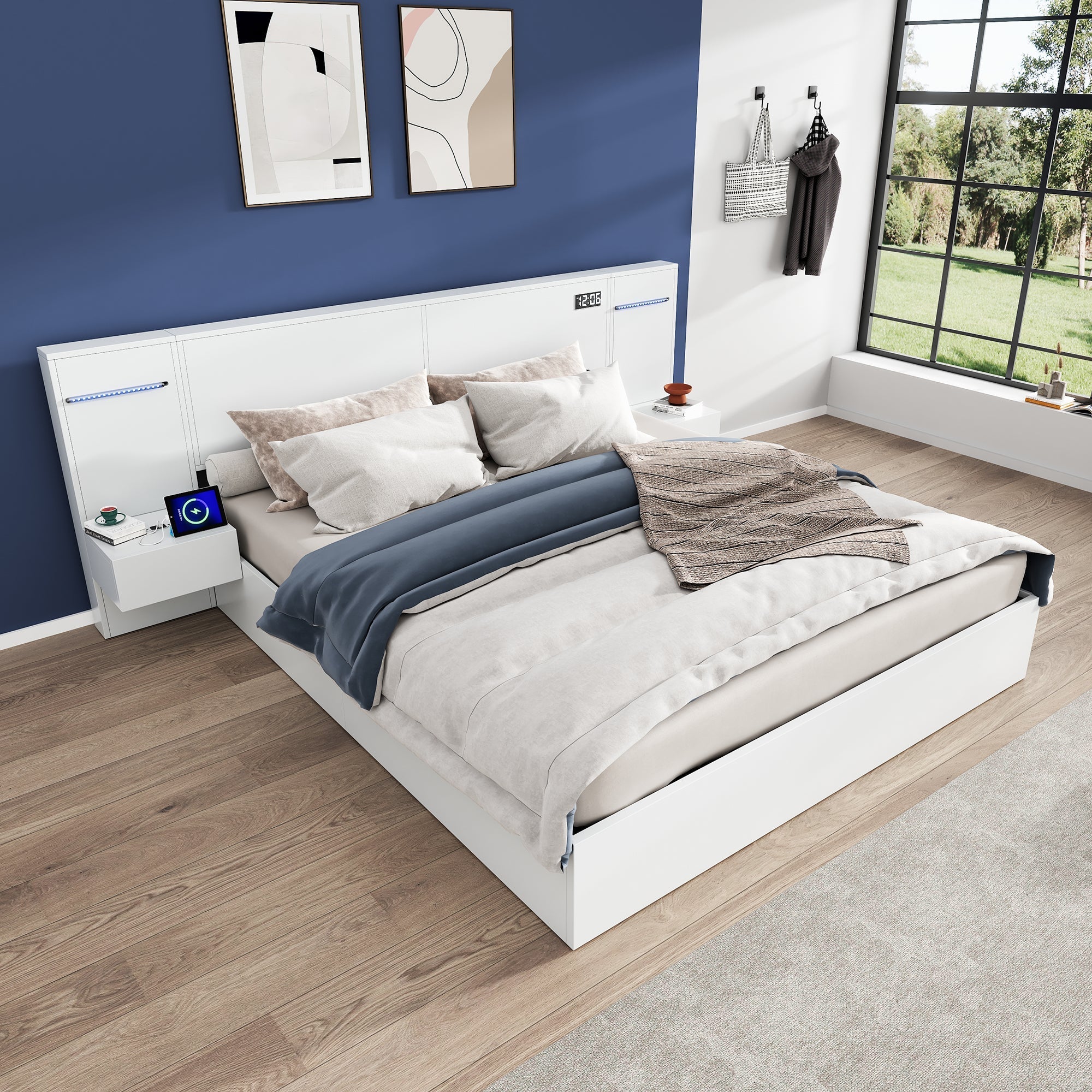 Double Bed with USB Port, Bluetooth Speaker, LED and 2 Bedside Tables, 180x200cm, White Wood - Image 4