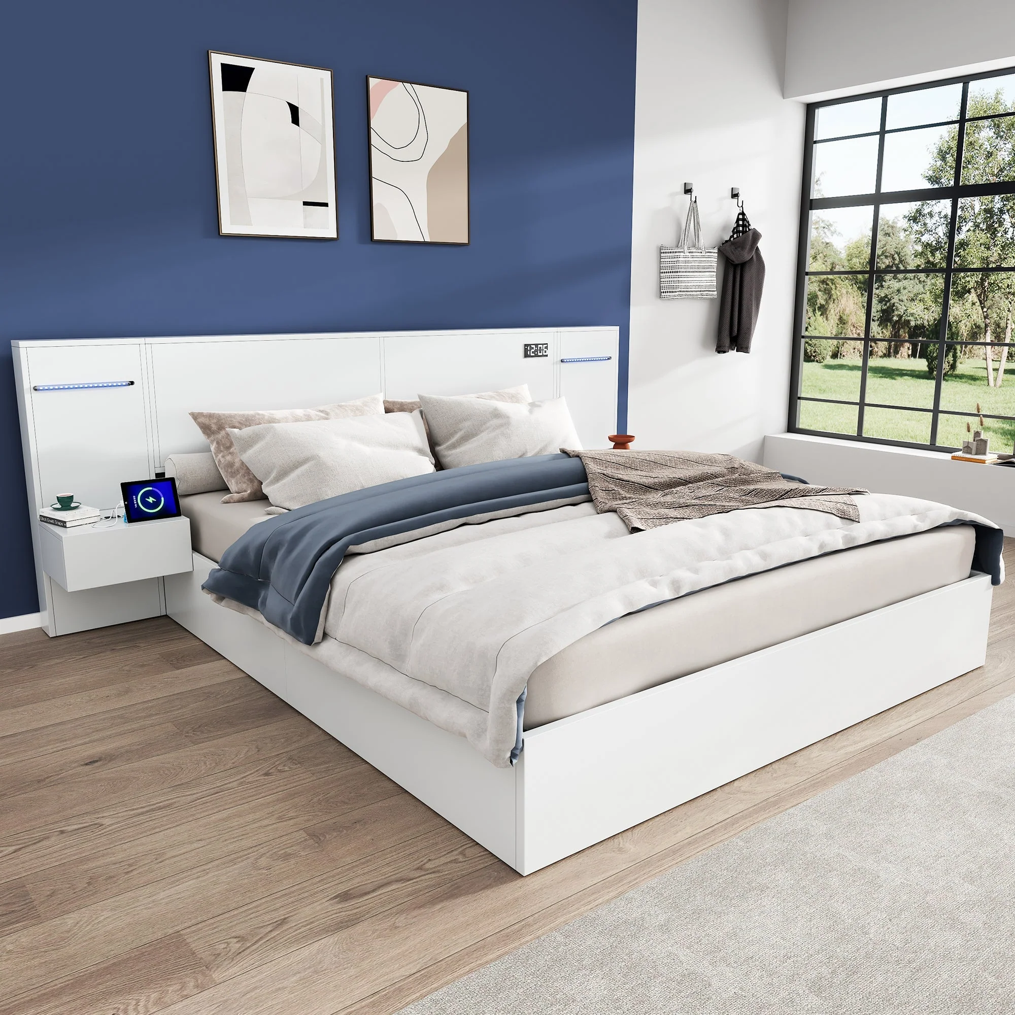 Double Bed with USB Port, Bluetooth Speaker, LED and 2 Bedside Tables, 180x200cm, White Wood - Image 5
