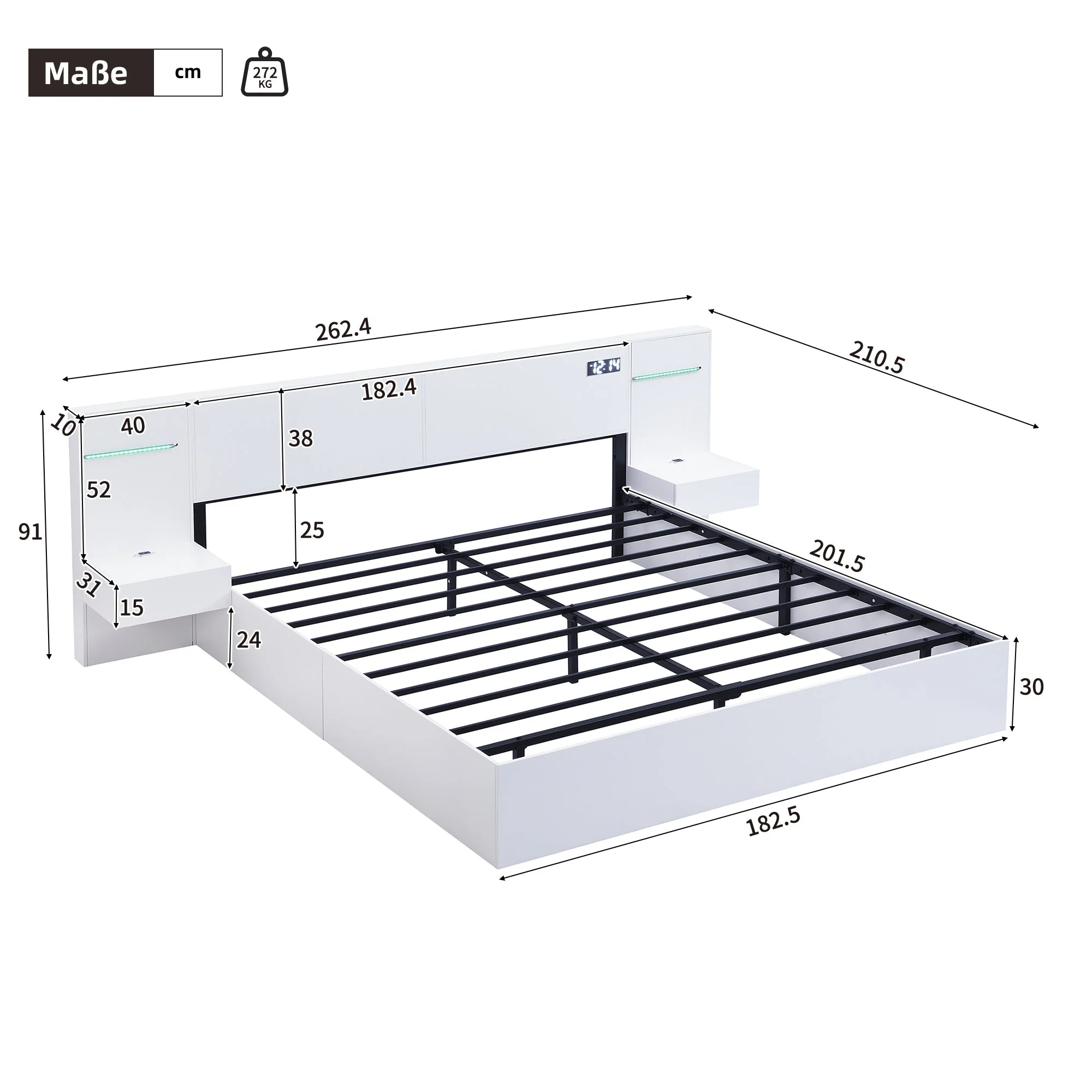 Double Bed with USB Port, Bluetooth Speaker, LED and 2 Bedside Tables, 180x200cm, White Wood - Image 6