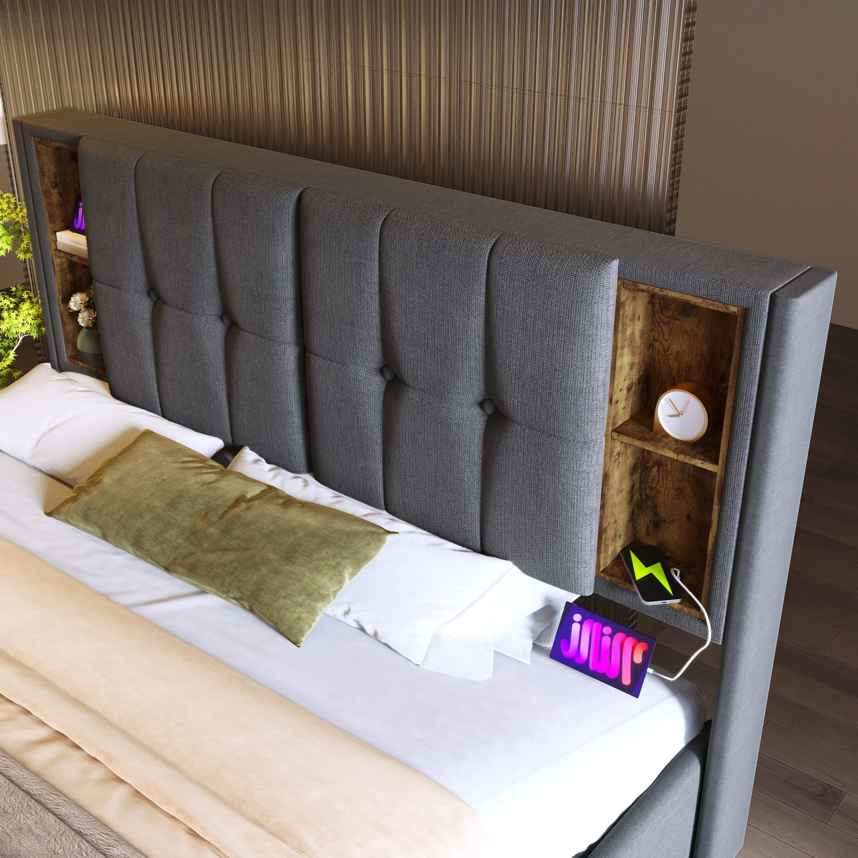 Double Bed with Wireless Charging, Storage, 140x200cm, Grey Cotton - Image 10