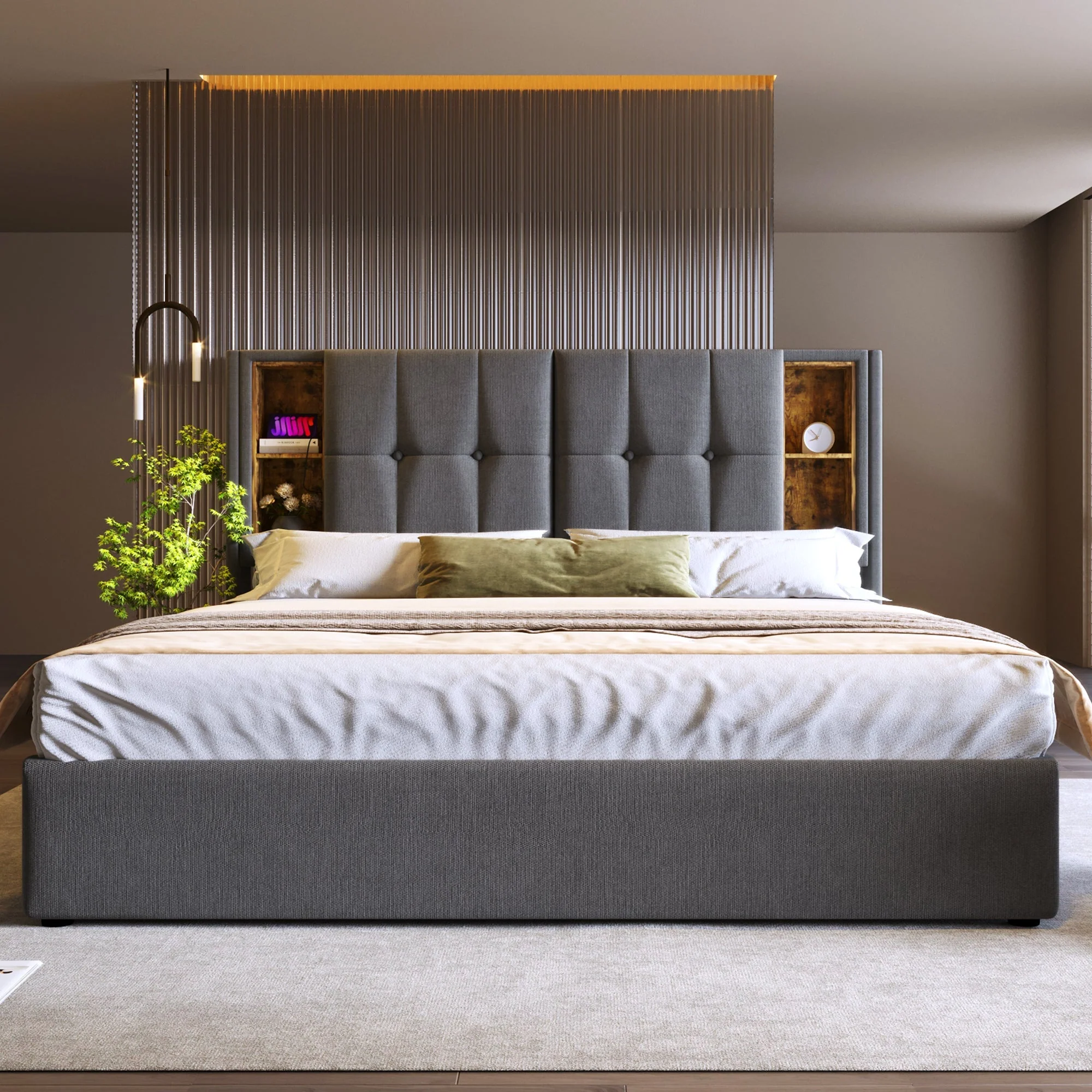 Double Bed with Wireless Charging, Storage, 140x200cm, Grey Cotton - Image 9