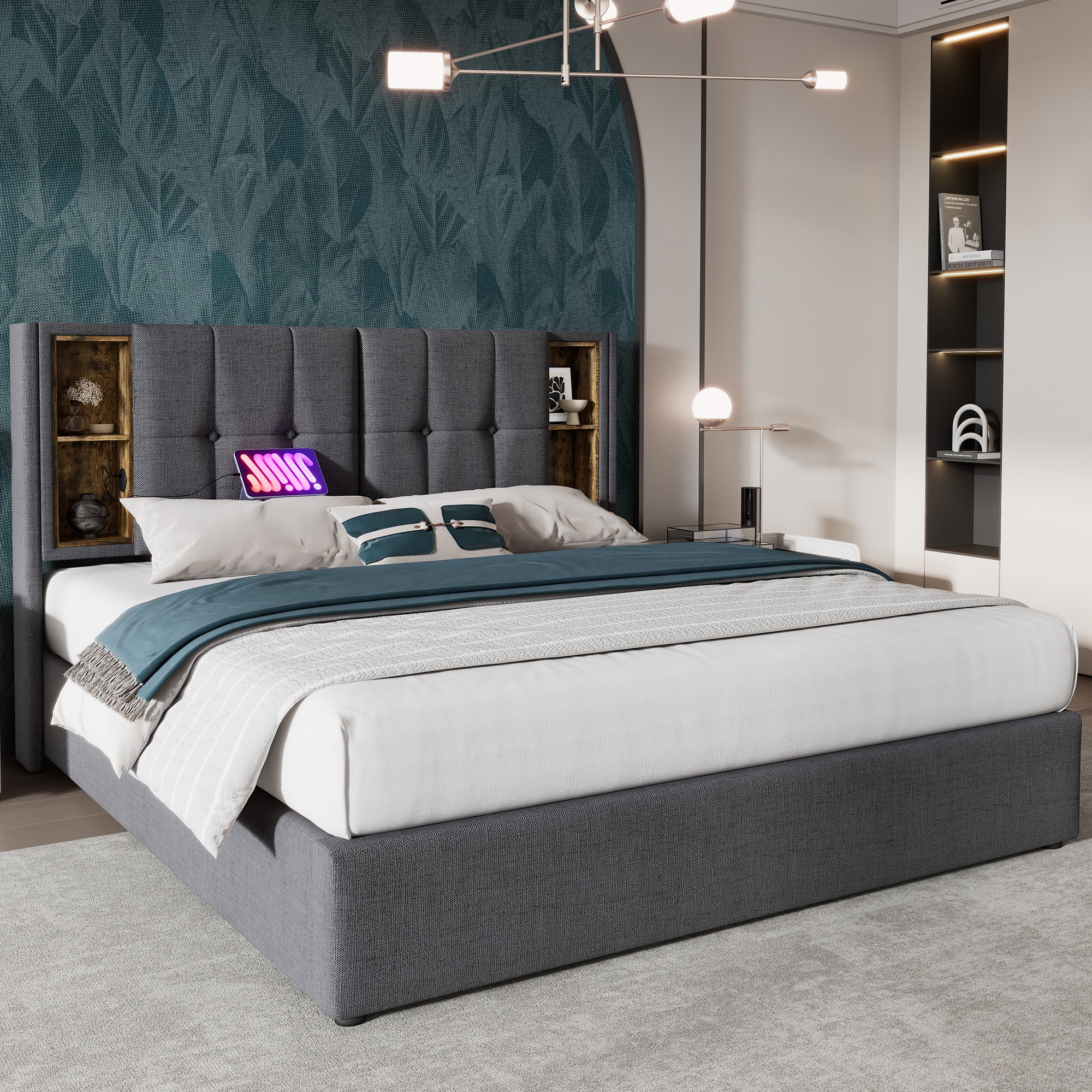Double Bed with Wireless Charging & Storage, 160x200cm Upholstered, Grey Cotton - Image 3