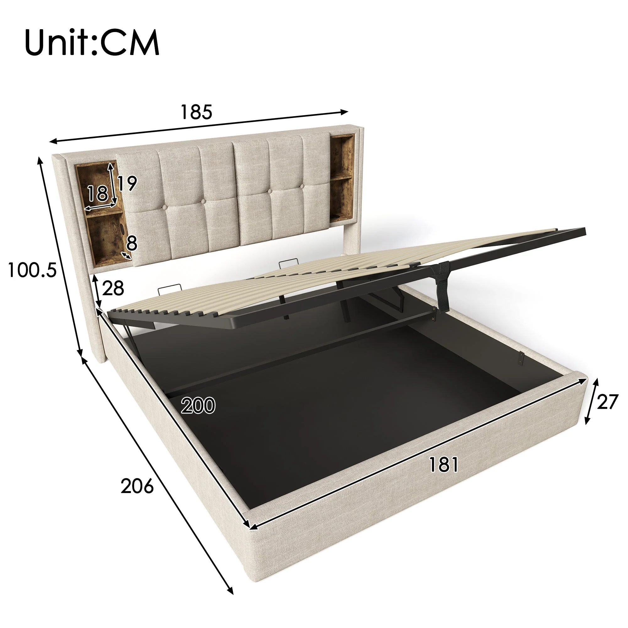 Double Bed with Wireless Charging, Storage, Wood Slats, Natural Linen - Image 2