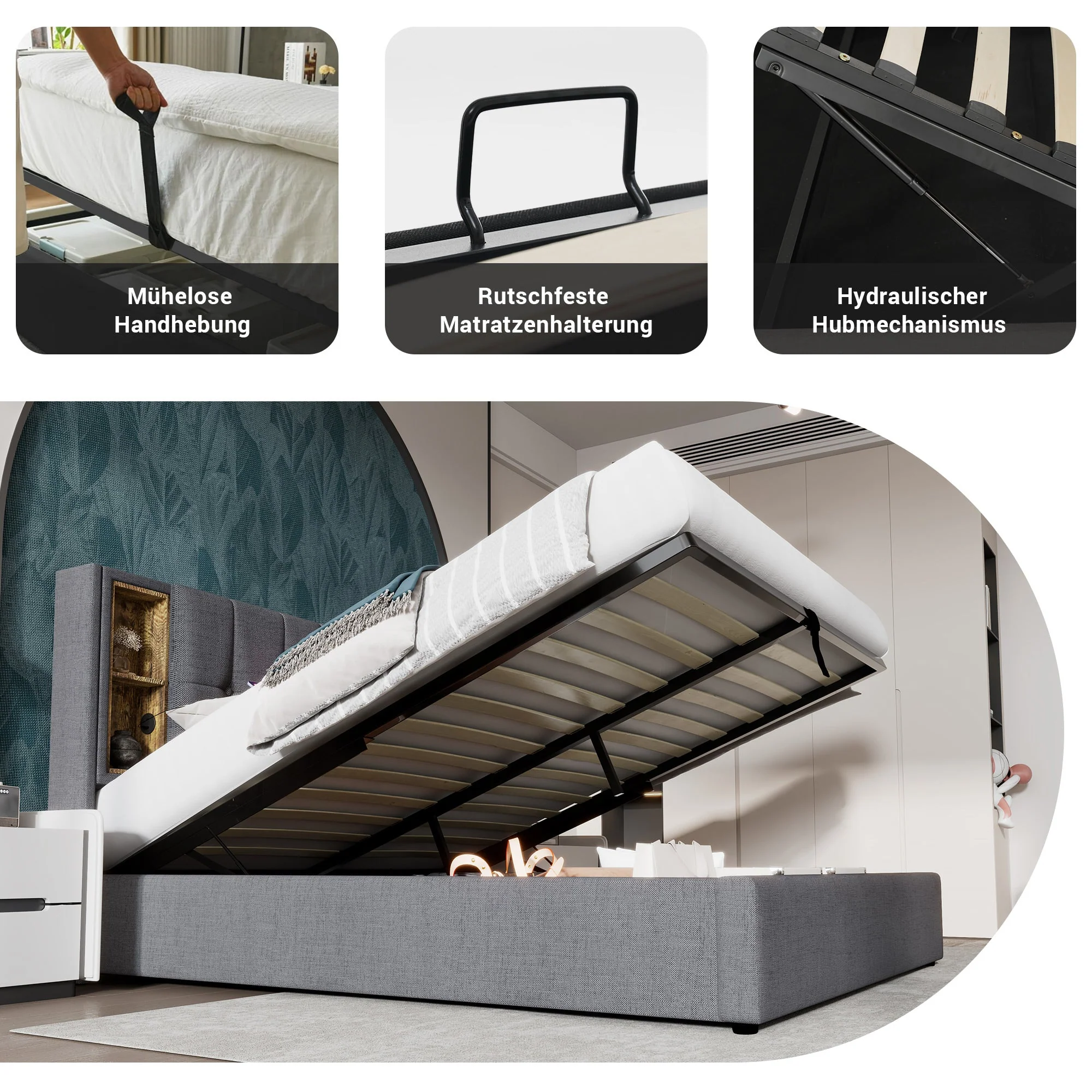 Double Bed with Wireless Charging, Storage, Wood Slatted Frame - Grey Cotton - Image 4