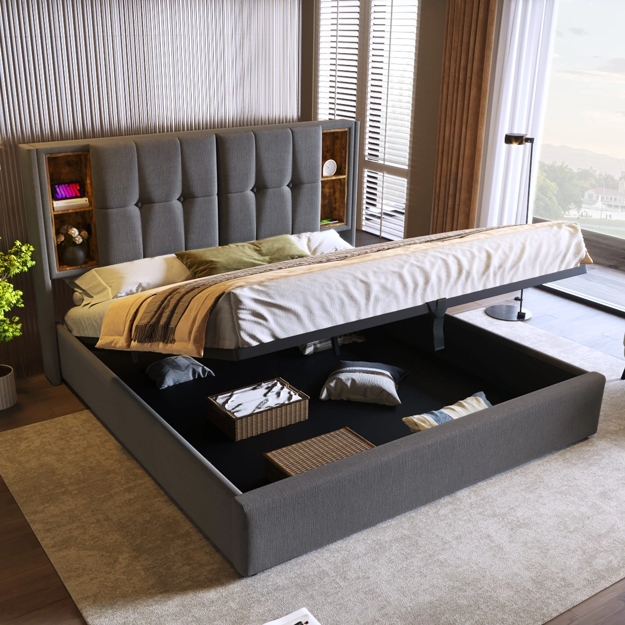 Double Bed with Wireless Charging, Storage, Wood Slatted Frame - Grey Cotton - Image 9