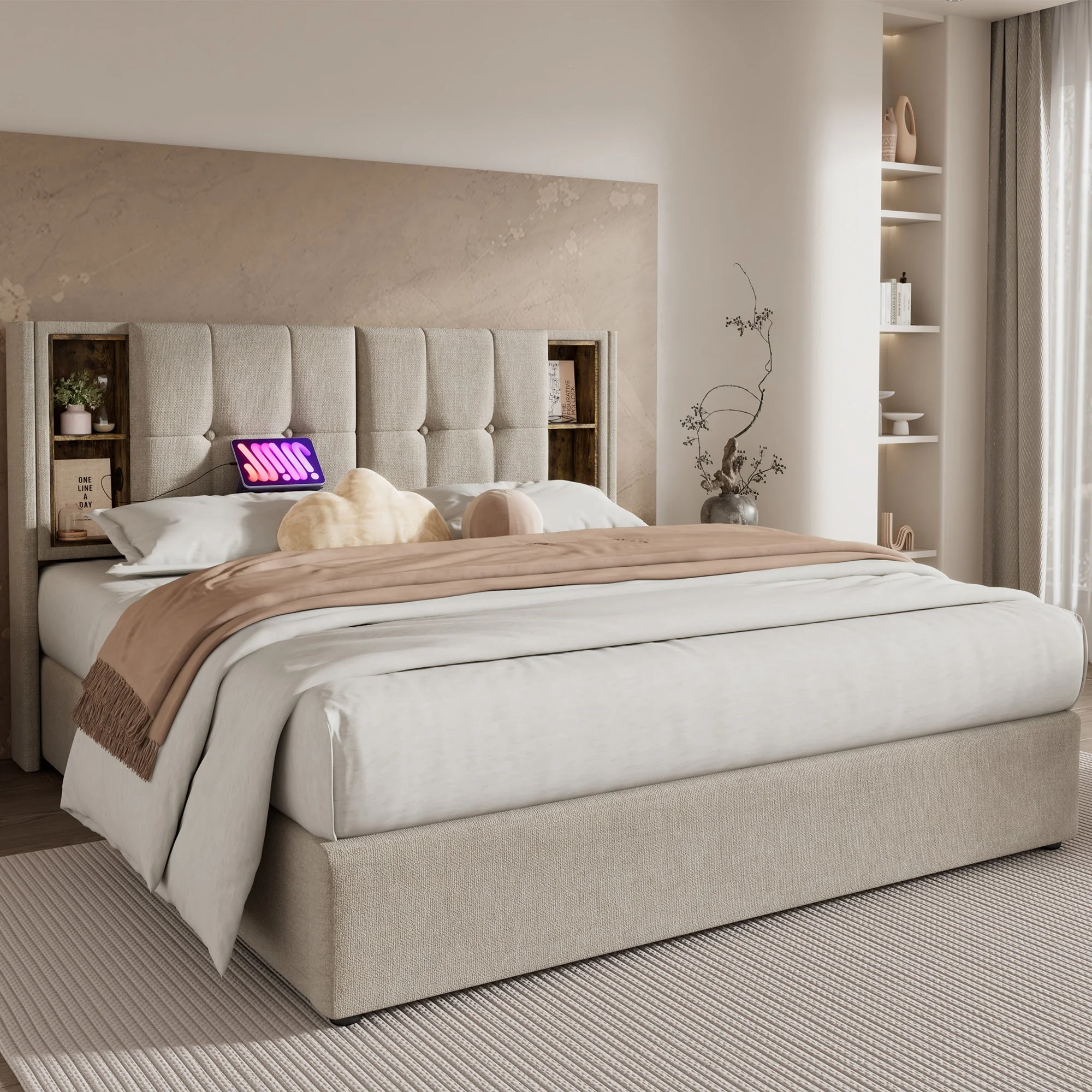 Double Bed with Wireless Charging USB C, 160x200cm, Storage, Natural Linen