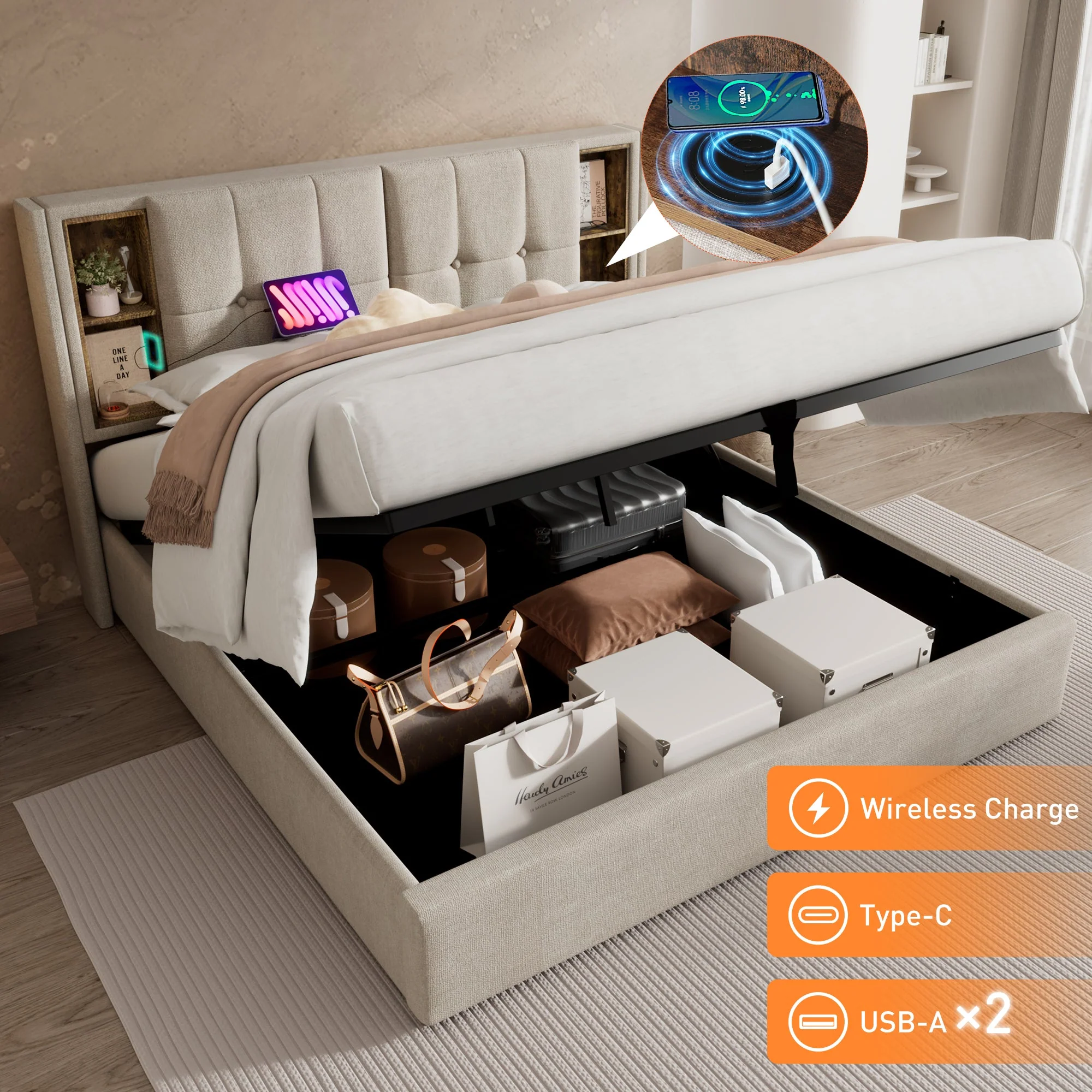 Double Bed with Wireless Charging USB C, 160x200cm, Storage, Natural Linen - Image 3