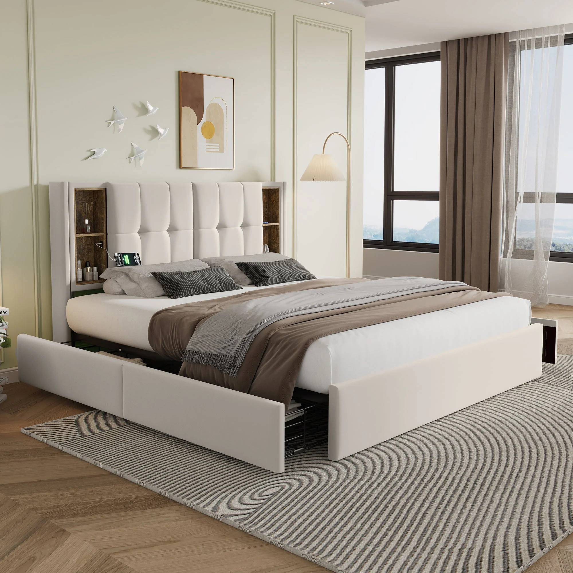 Double Bed with Wireless Charging USB C & 4 Drawers, Upholstered 160x200cm, Beige Velvet - Image 3
