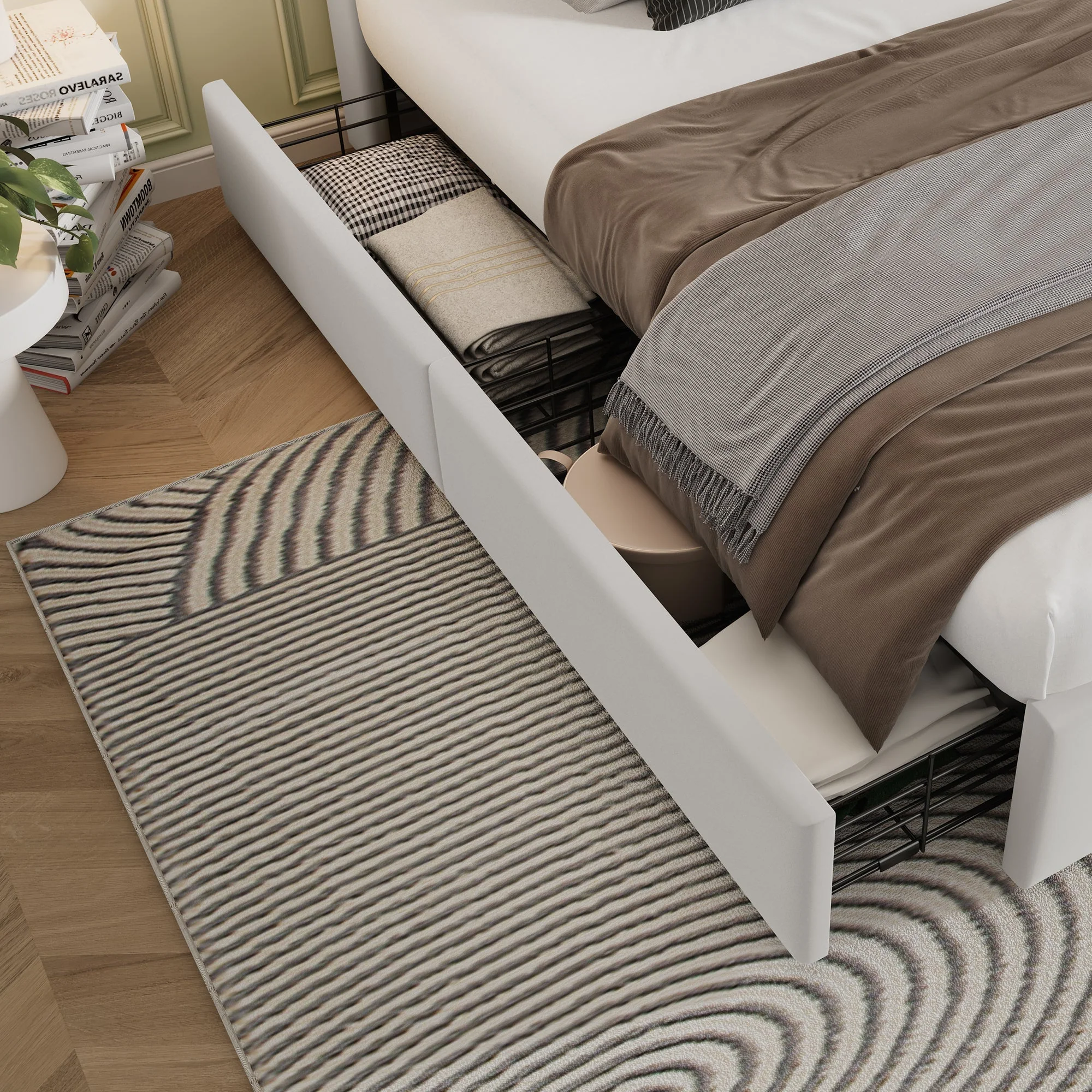 Double Bed with Wireless Charging USB C & 4 Drawers, Upholstered 160x200cm, Beige Velvet - Image 8