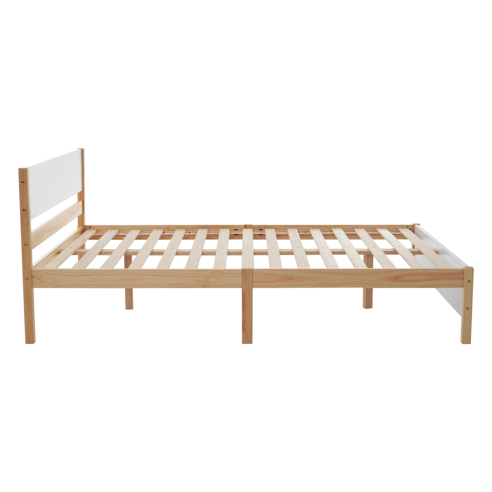 Double bed, wooden pinewood frame with central leg, with MDF headboard and footboard, white + natural, 140x200 cm - Image 4