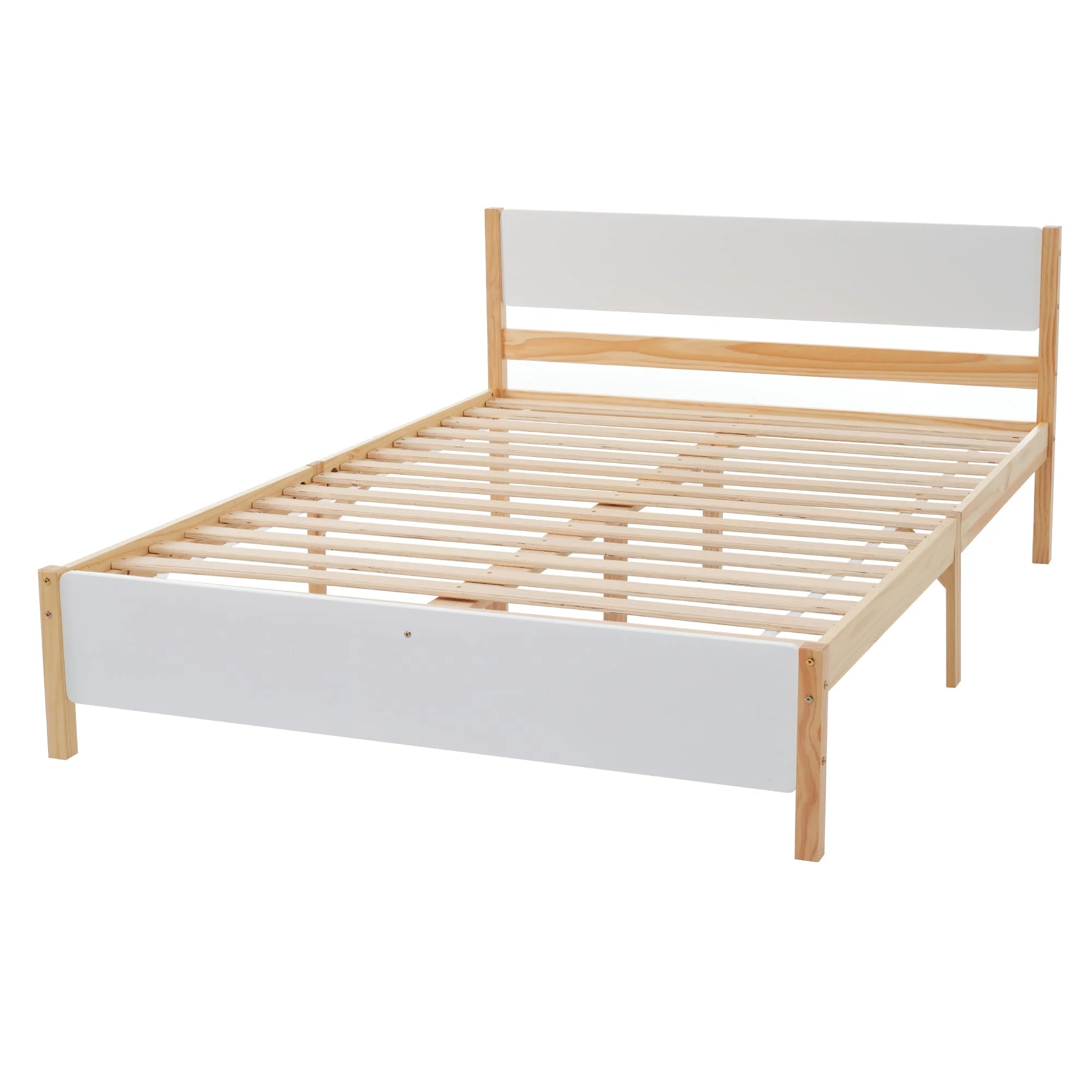 Double bed, wooden pinewood frame with central leg, with MDF headboard and footboard, white + natural, 140x200 cm - Image 7