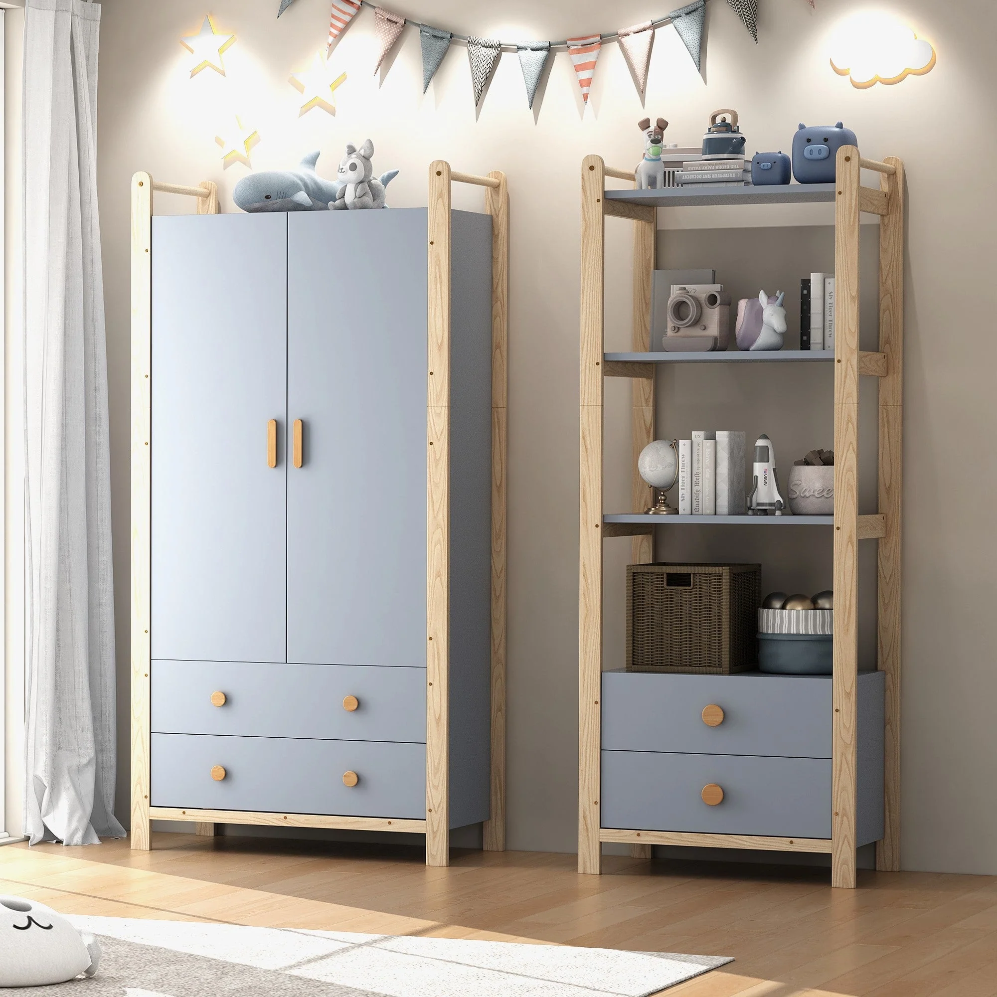Double-Door Wardrobe Combination Set with Clothes Rail and Drawers, Spruce Wood, Blue/Natural Wood, 180cm - Image 2