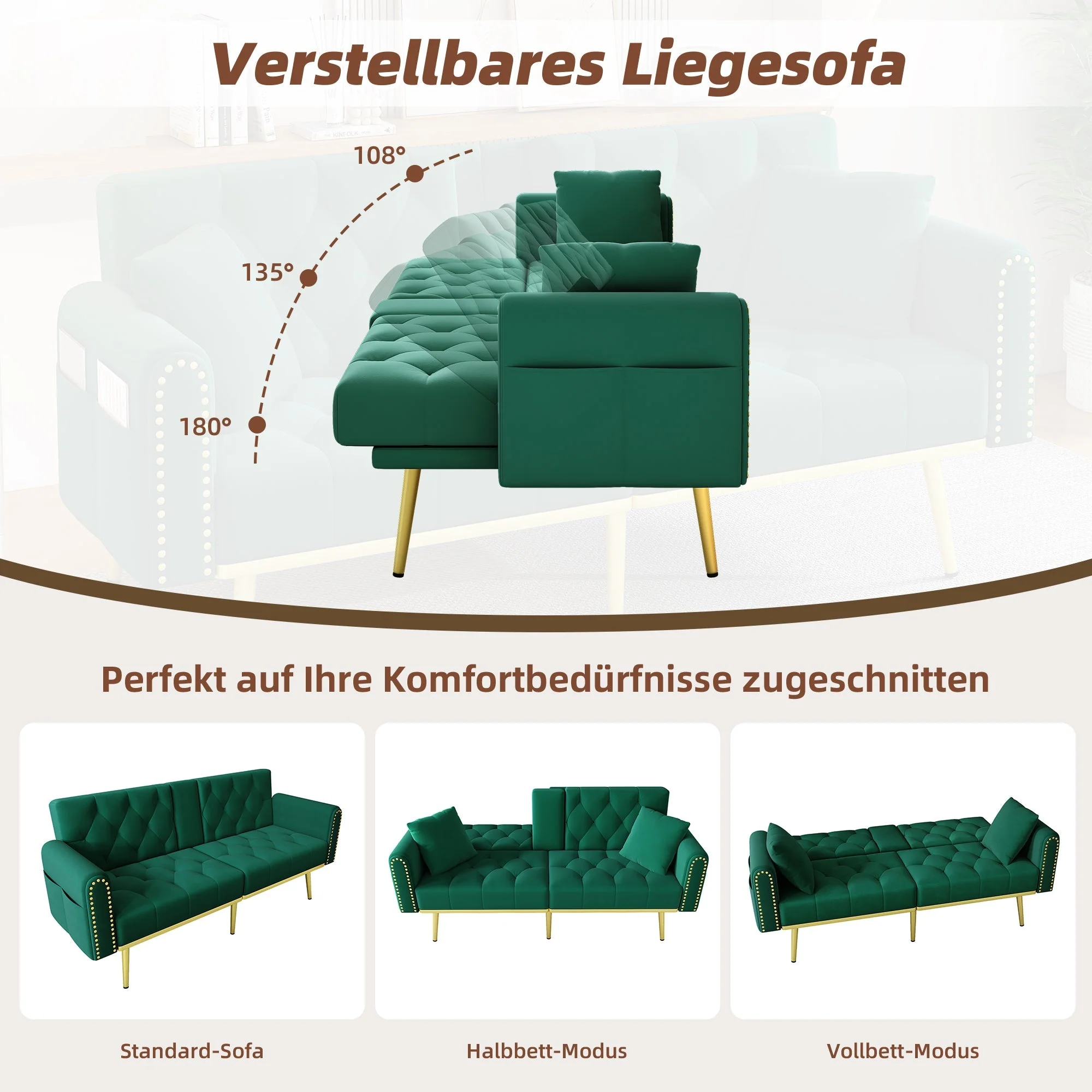 Double Fold-out Sofa Bed Reclining 3-Angle Cup Holders - Fabric Green - Image 4