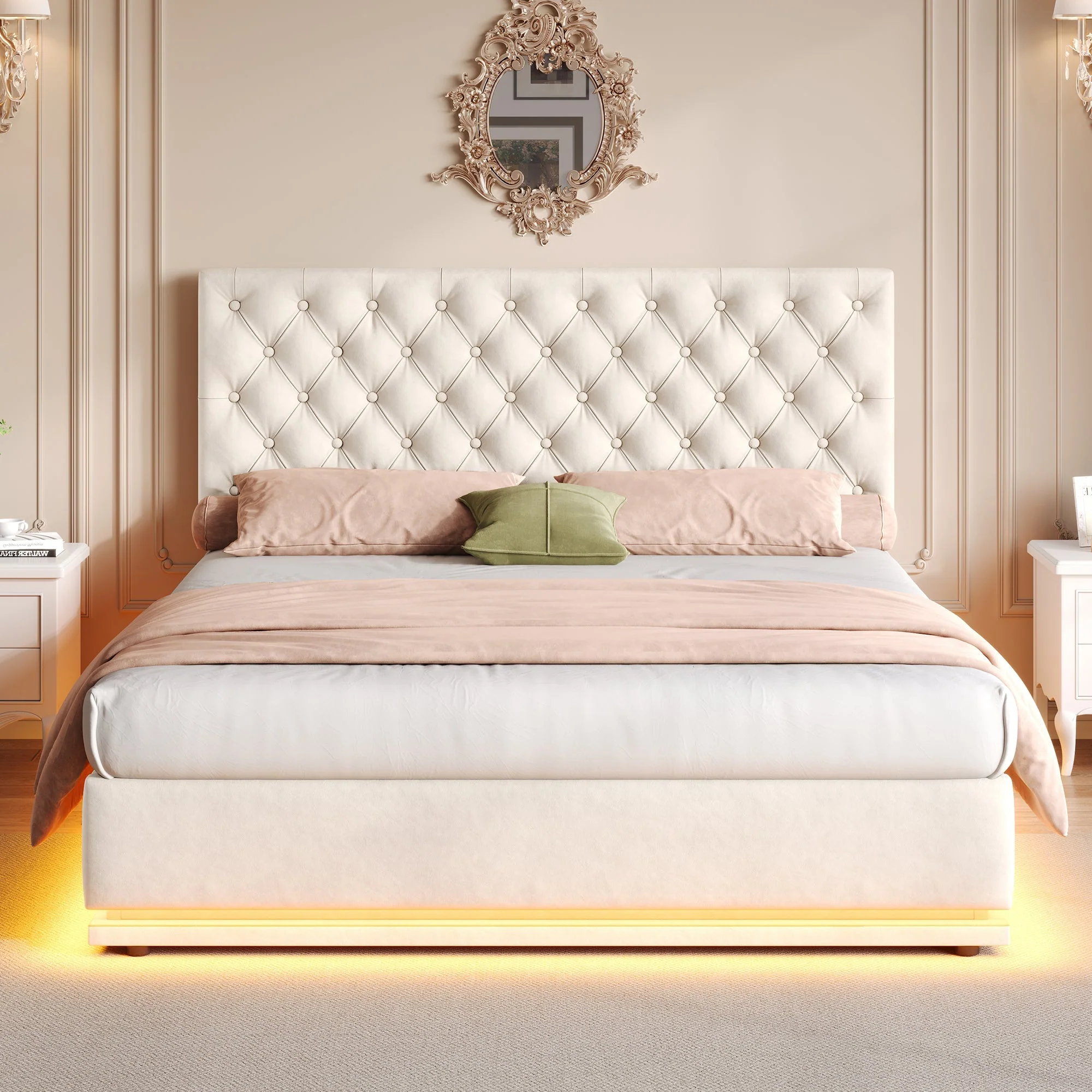 Double Ottoman Bed with LED, Hydraulic Storage, Adjustable Headboard, Velvet Beige - Image 5