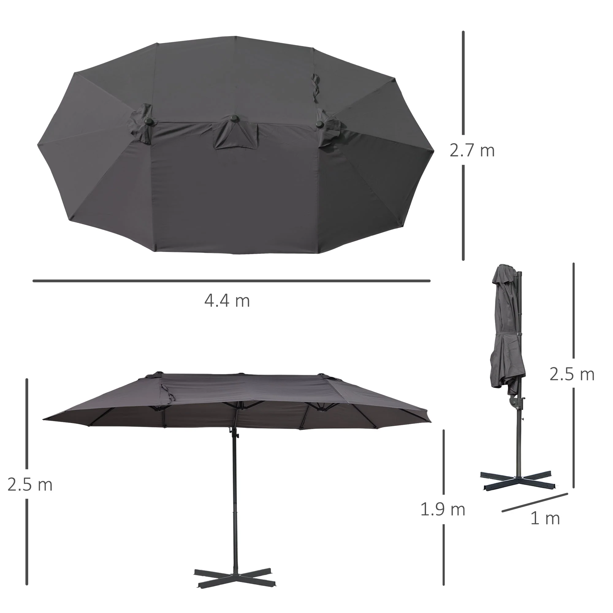 Double Parasol Cantilever Adjustable Garden Sun Protection, Metal Dark Grey - Image 3