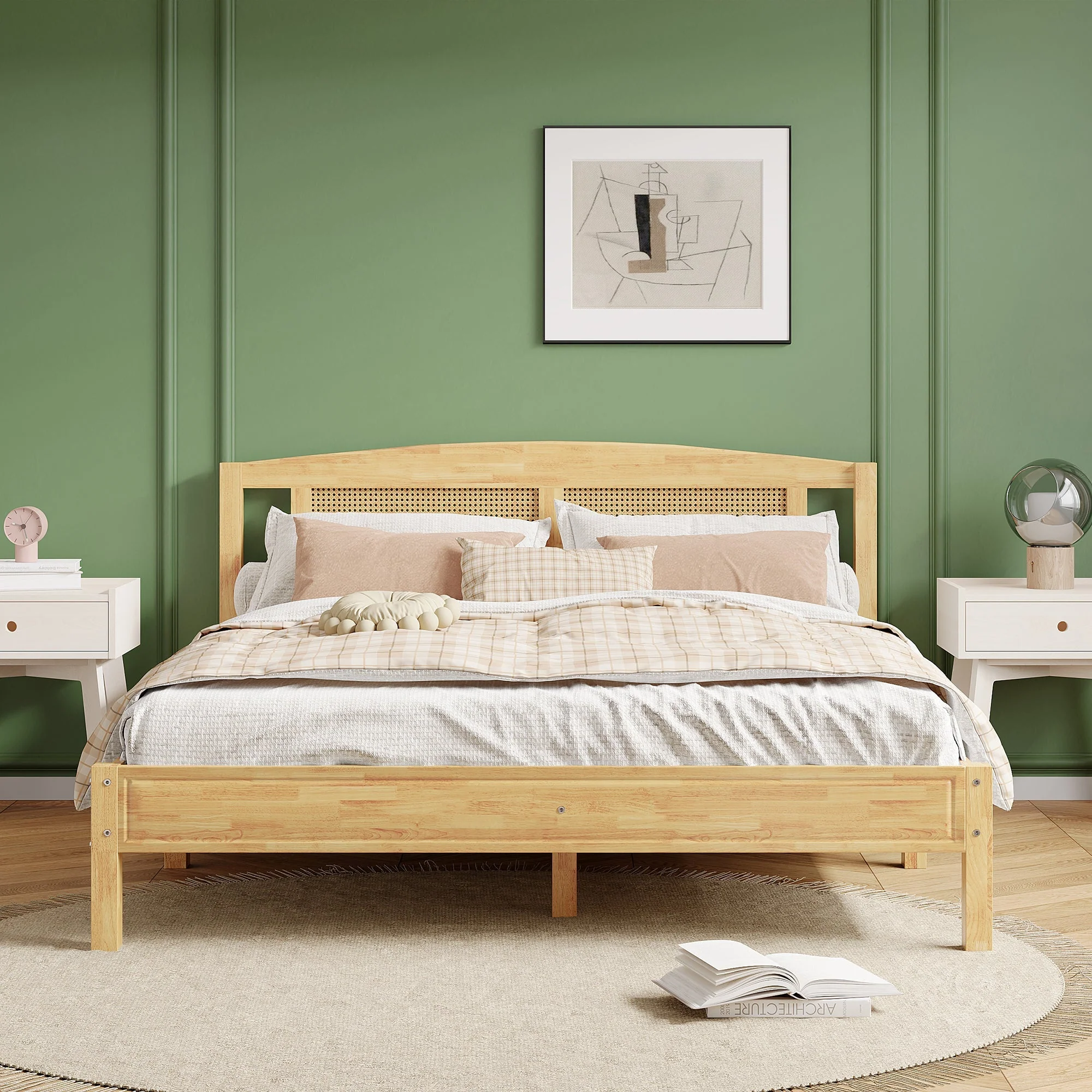 Double Rattan Bed 160x200cm, 15 Slats Pine + PE Rattan, Natural - Image 3