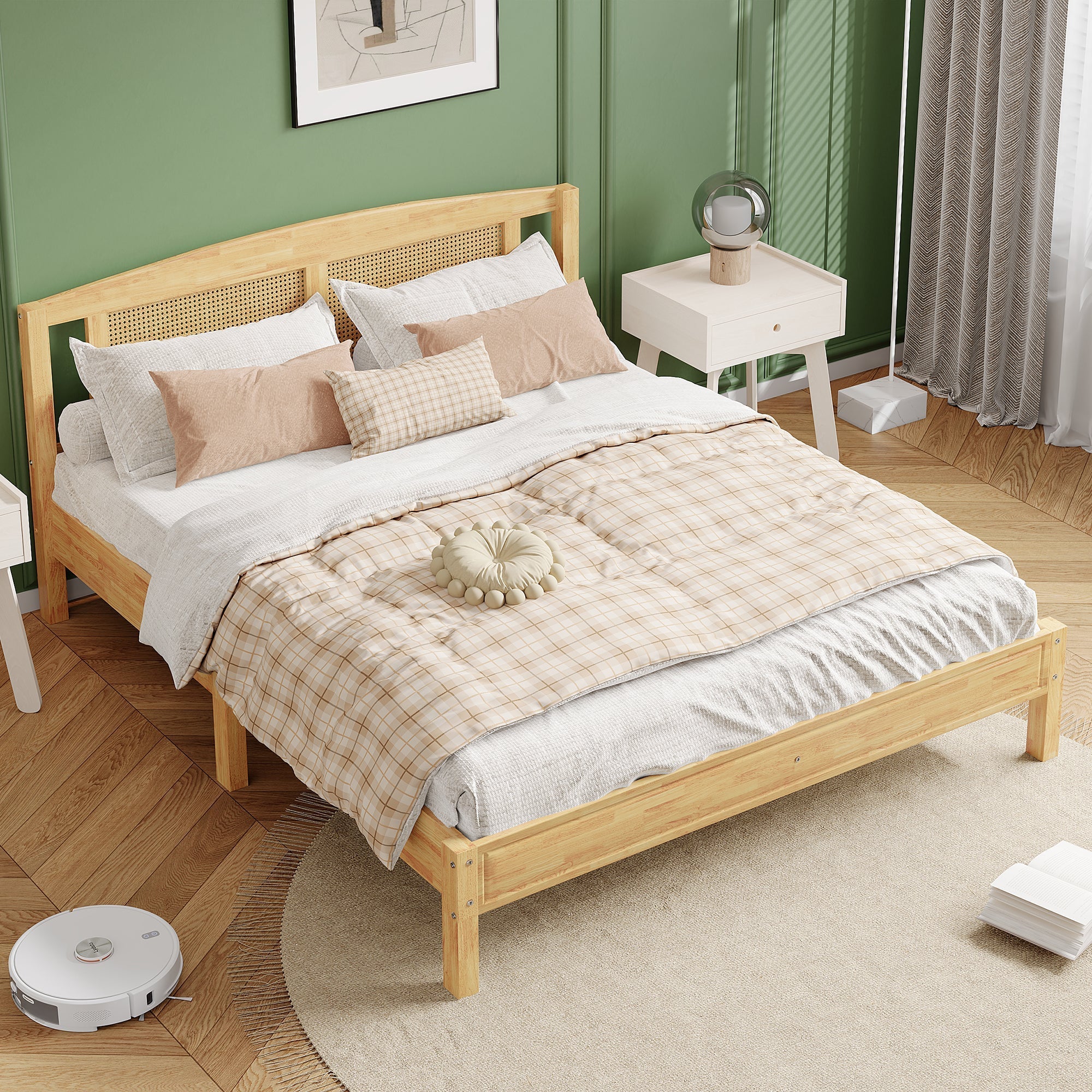 Double Rattan Bed 160x200cm, 15 Slats Pine + PE Rattan, Natural - Image 4