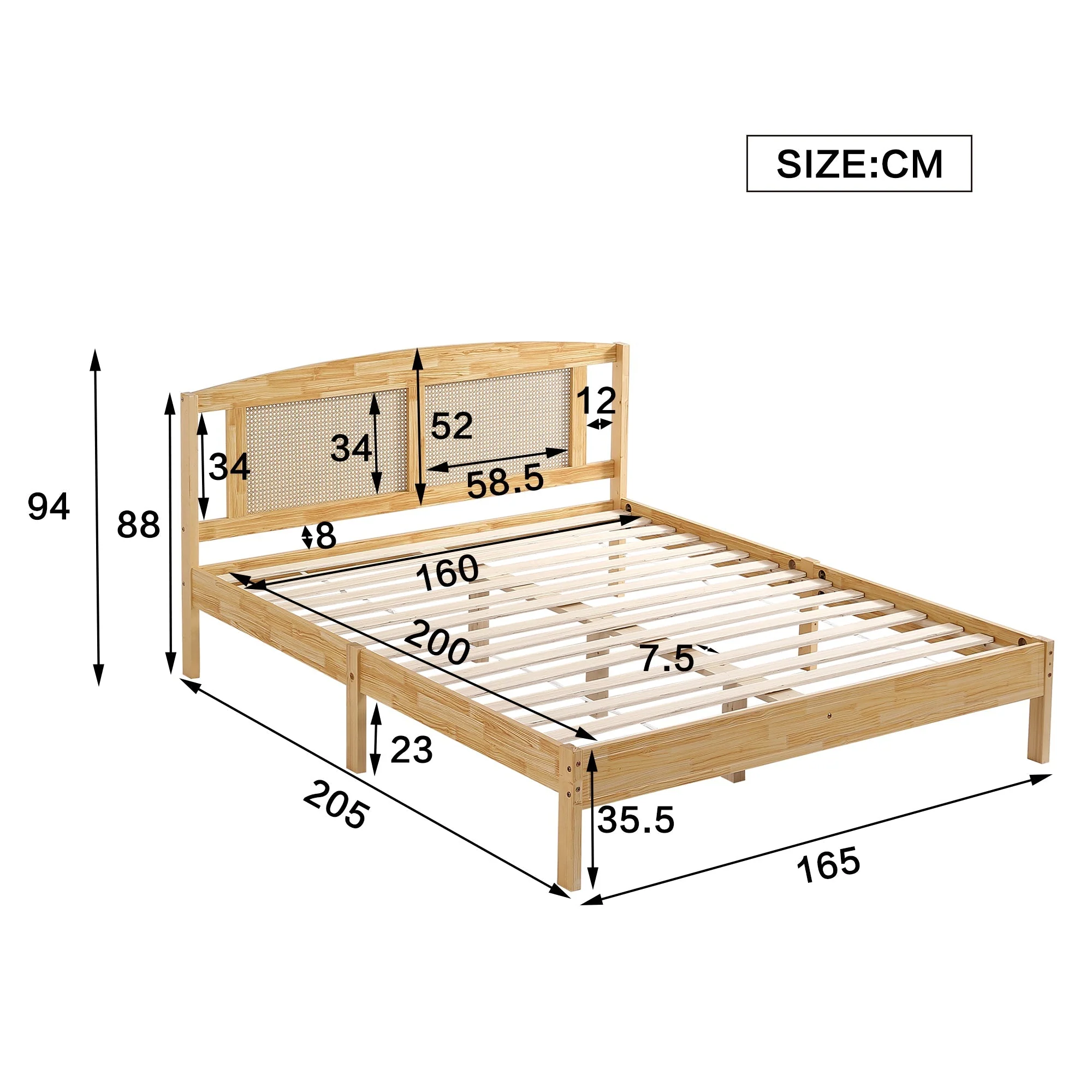 Double Rattan Bed 160x200cm, 15 Slats Pine + PE Rattan, Natural - Image 5
