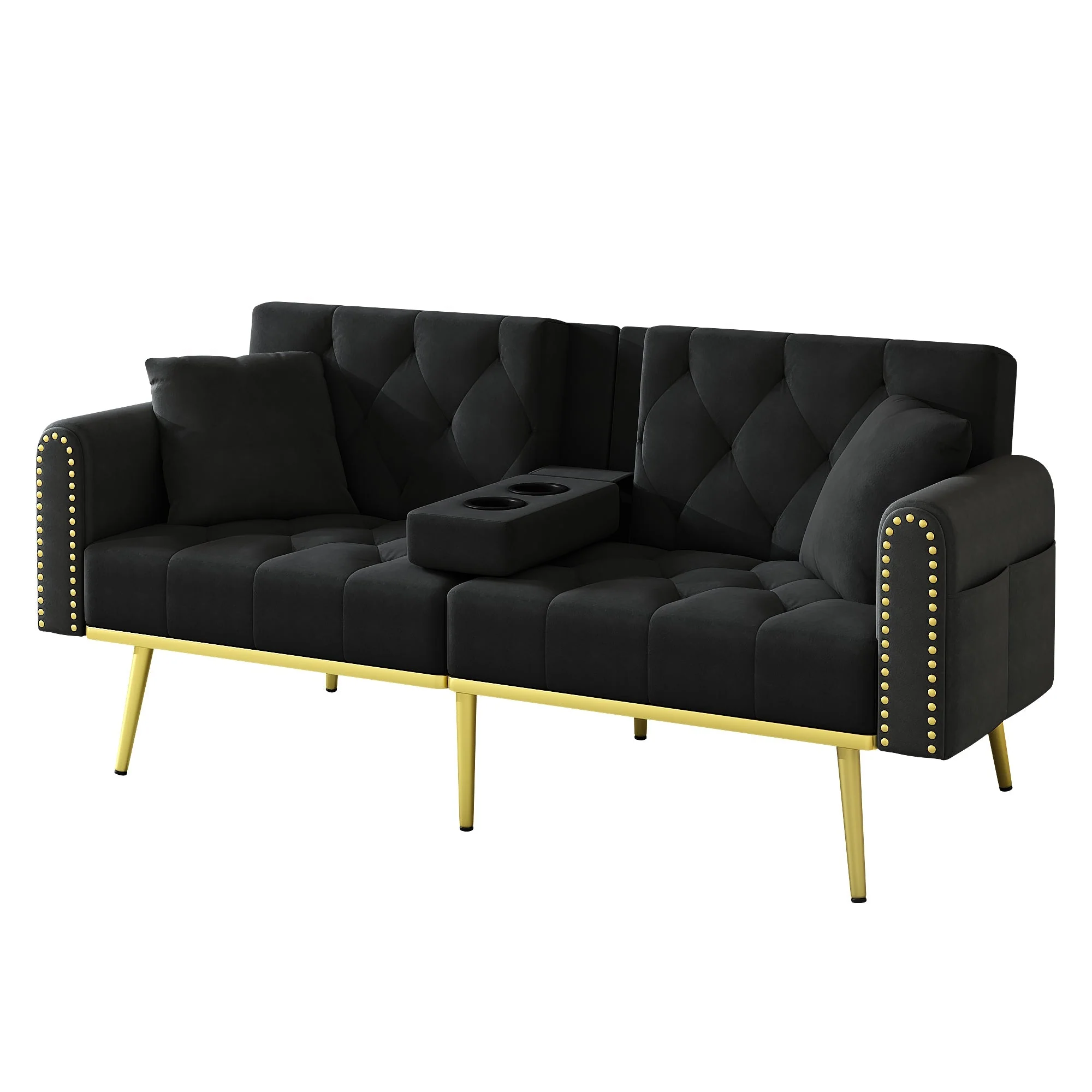 Double Sofa Bed Reclining 3 Angles Cup Holders - Fabric Black - Image 10