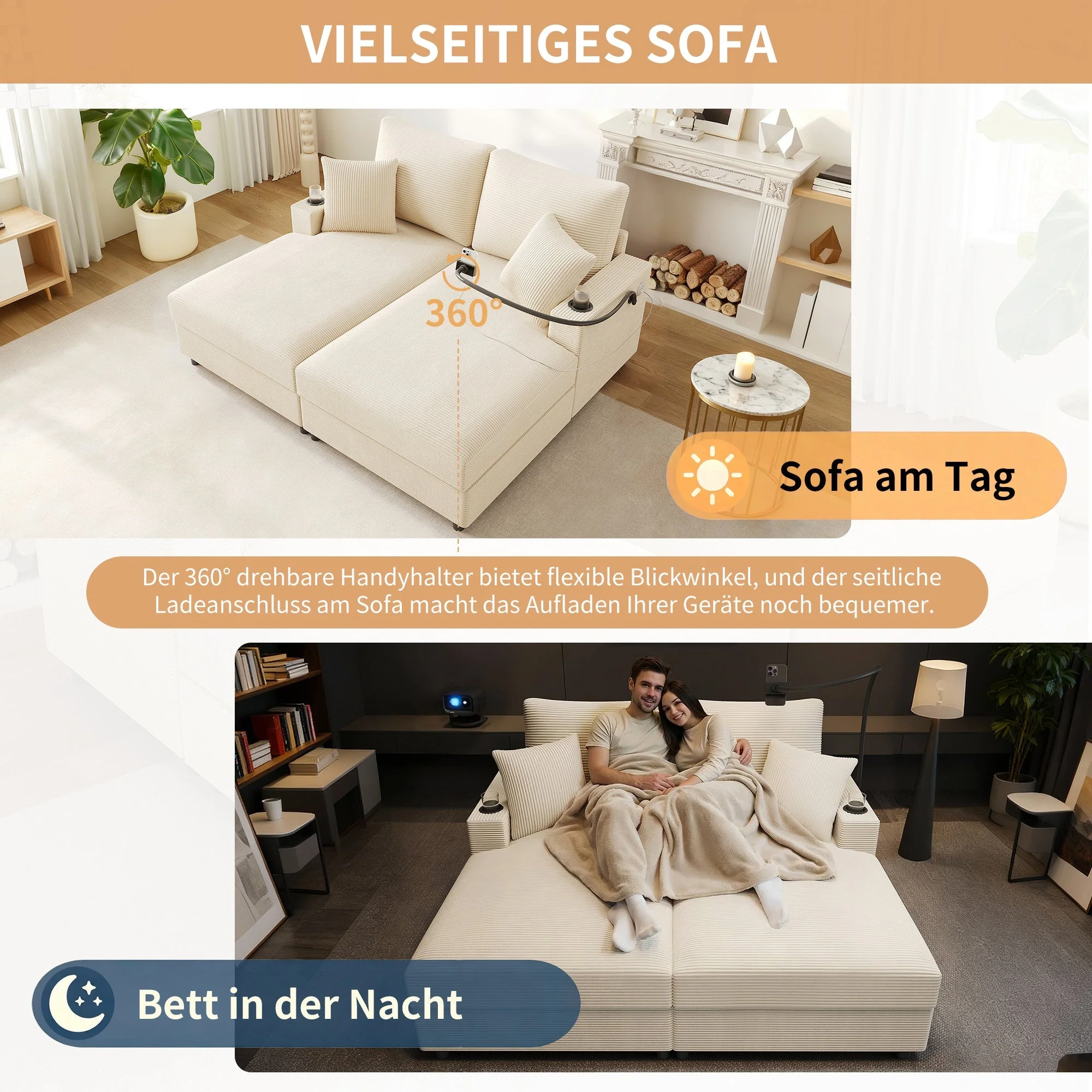 Double Sofa Bed with Sleeping Function, USB Port & Cup Holder - Beige - Image 5