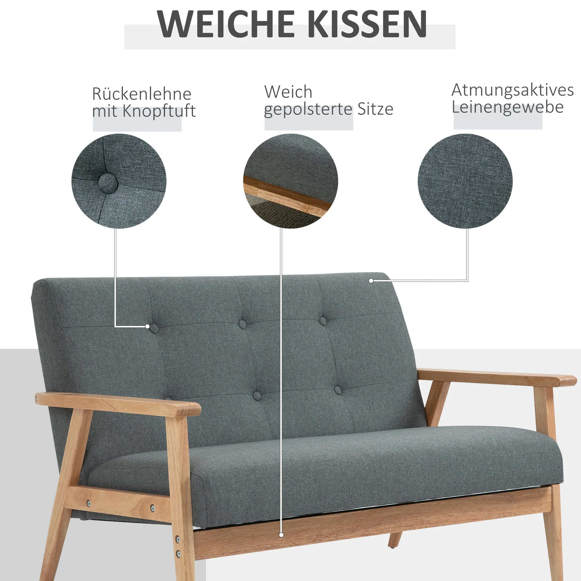 Double Sofa Loveseat, 2-Seater, Compact Design, Linen & Rubberwood, Grey - Image 4