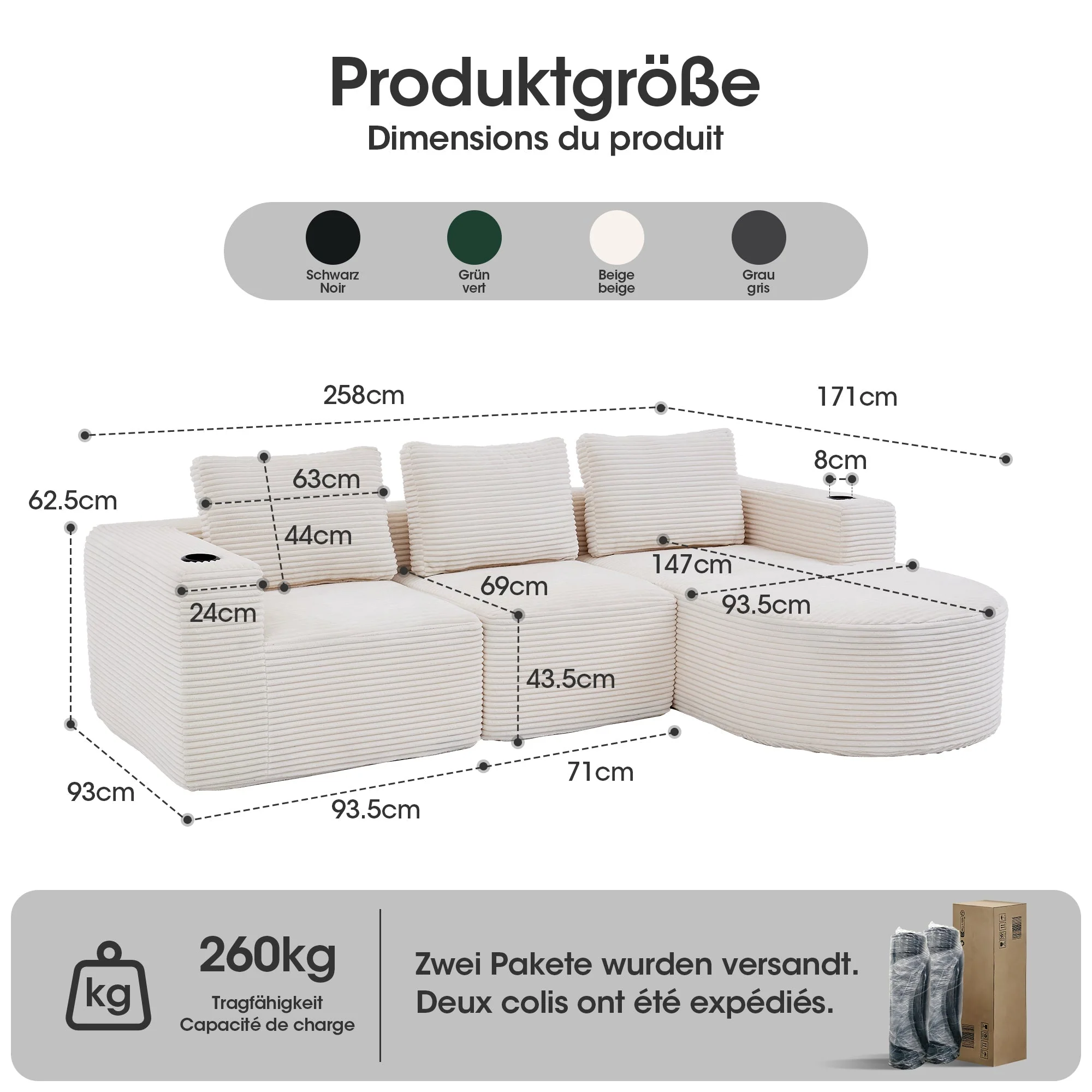 Double Sofa with 3 Pillows and 2 Cup Holders, 265cm Wide Fully Compressed, Feather and Plastic - Image 3