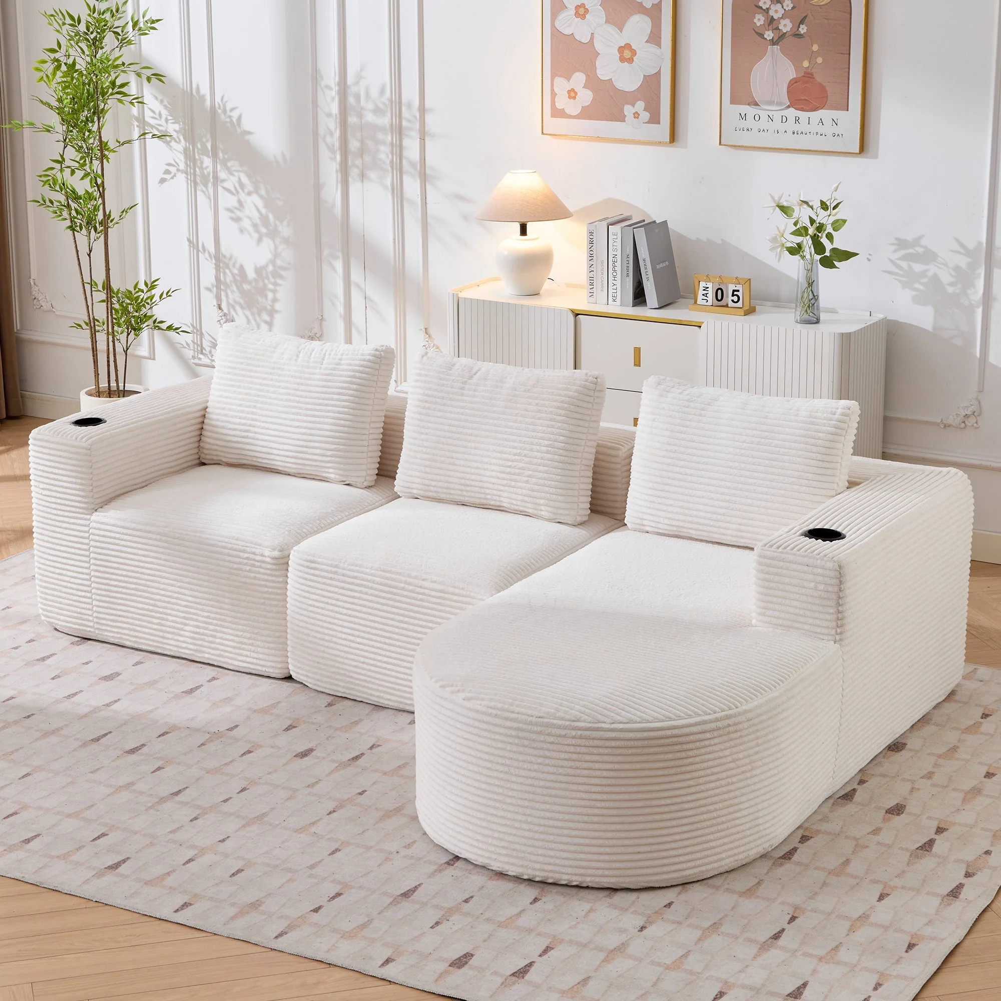 Double Sofa with 3 Pillows and 2 Cup Holders, 265cm Wide Fully Compressed, Feather and Plastic - Image 8