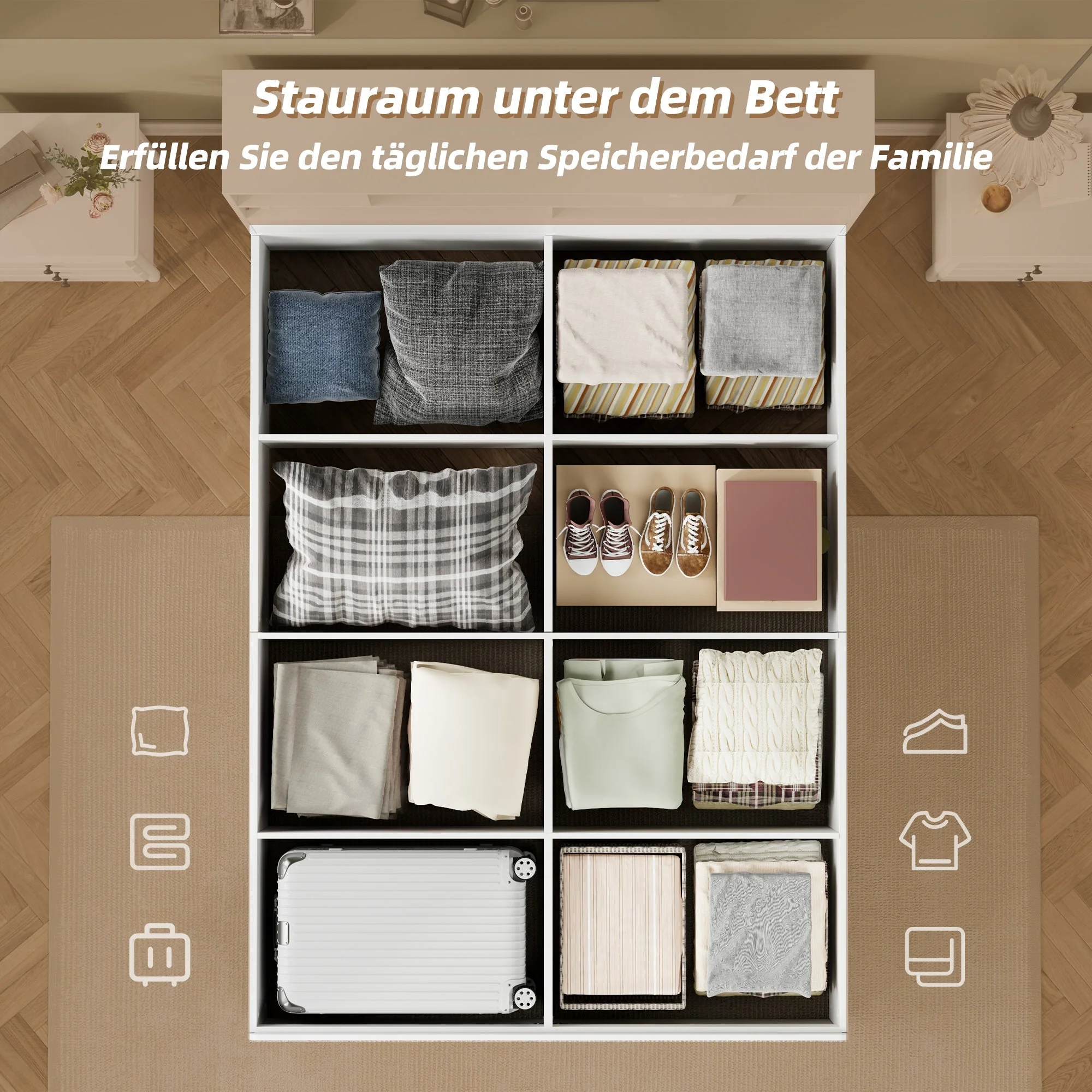 Double Storage Bed 140x200cm Solid Wood with USB Port & Under Bed Storage White - Image 6